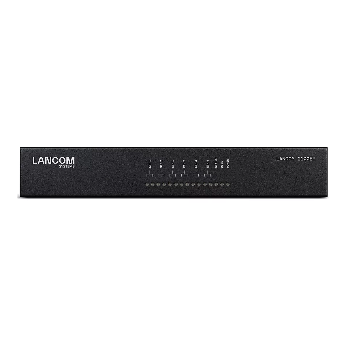 Routeur noir avec le logo "LANCOM" et des LED d'état. Inscription "LANCOM 2100EF".