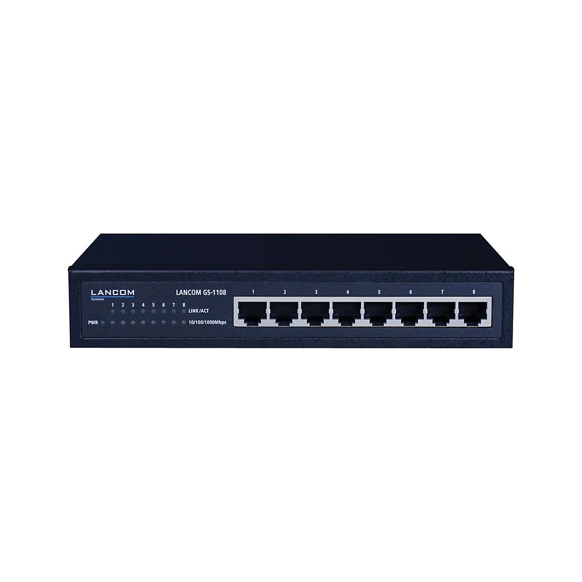 Schwarzer Netzwerk-Switch mit 8 Ports und Beschriftung 'LANCOM GS-1108'.