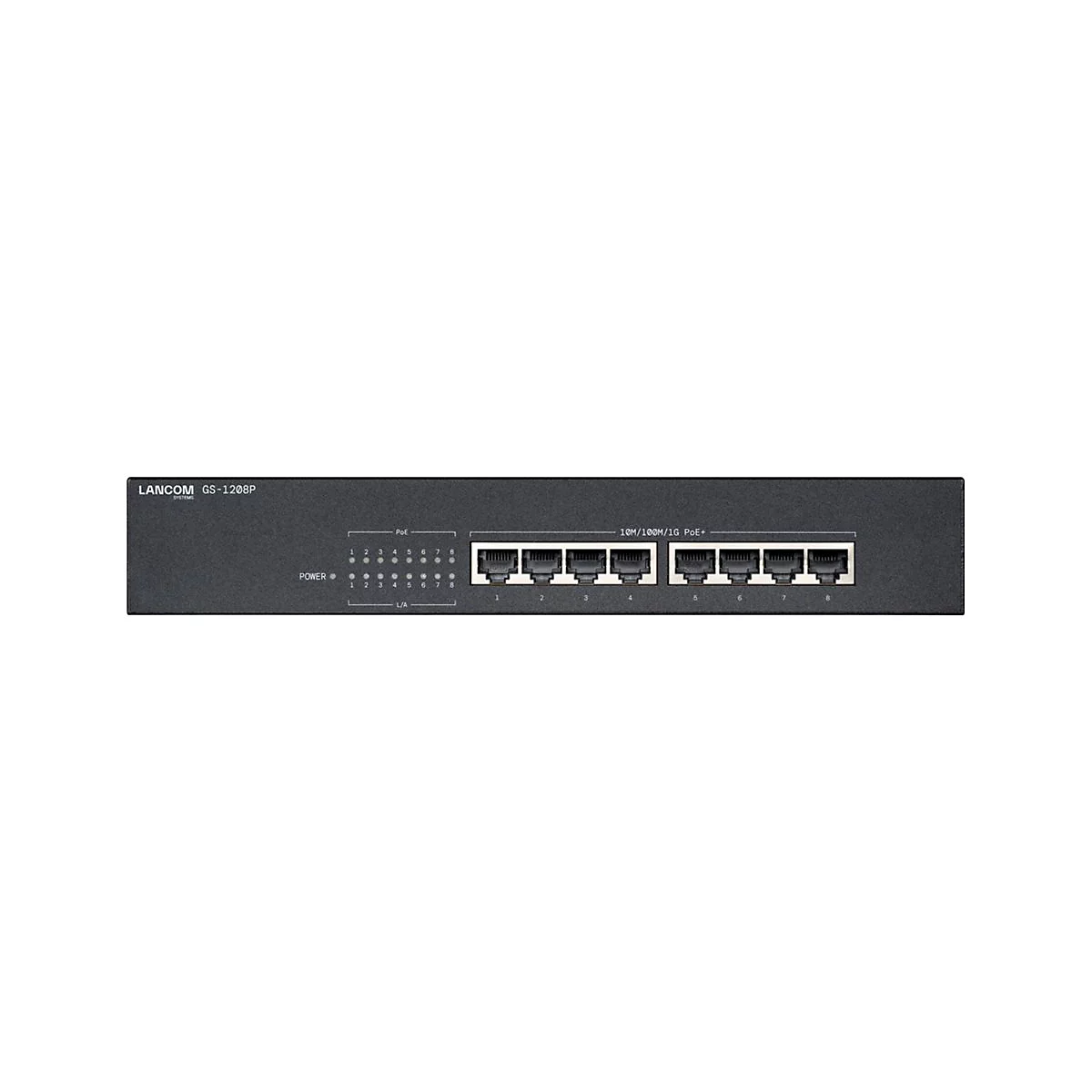Ein schwarzer LANCOM GS-1208P Switch mit acht Netzwerkanschlüssen und Kontrollleuchten, vor weißem Hintergrund.