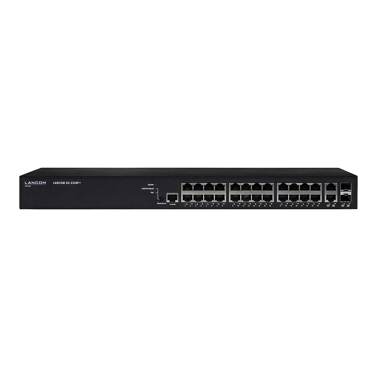 Schwarzer LANCOM-Switch mit zahlreichen Anschlüssen, Beschriftungen und LEDs. Modell GS-2326P+.
