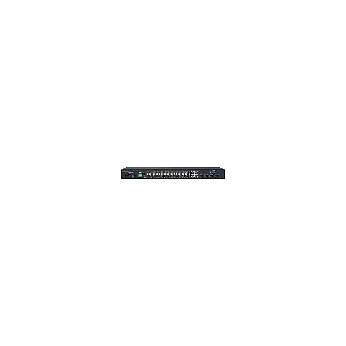 Schwarzer Netzwerk-Switch mit LANCOM-Logo und zahlreichen Anschlüssen.