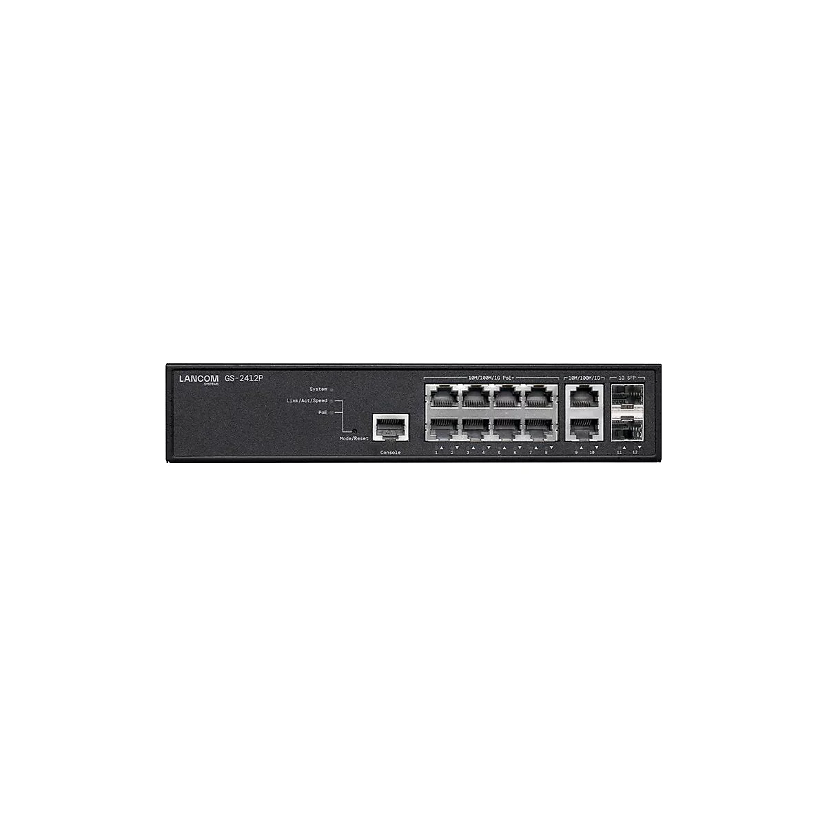 Commutateur LANCOM GS-2412P noir, vue de face avec ports et indicateurs.
