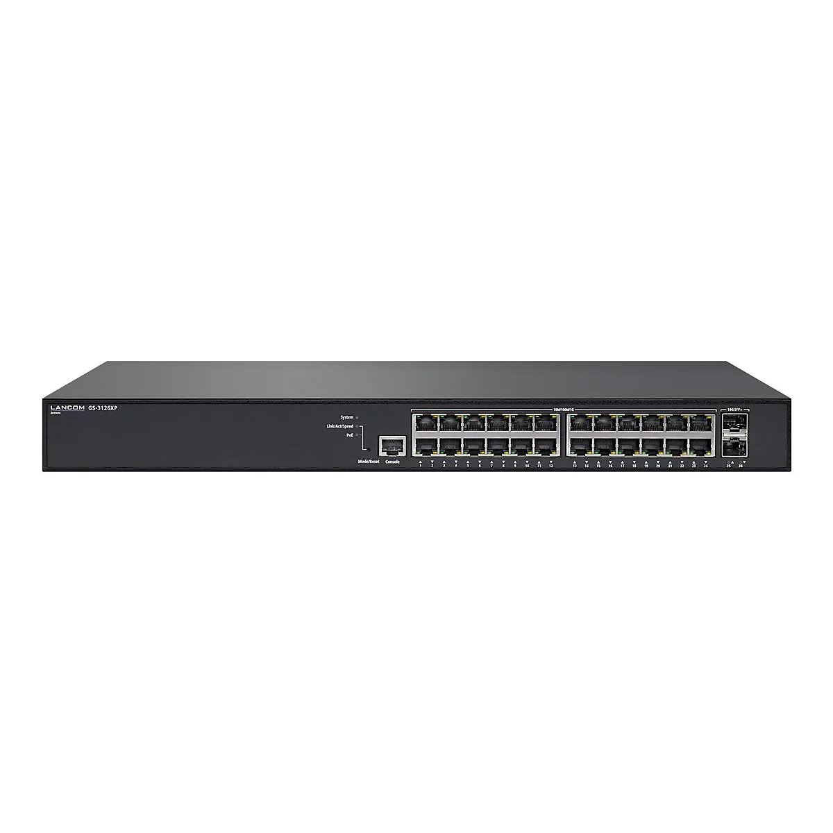 Un commutateur LANCOM GS-3126XP noir avec plusieurs ports réseau. Les ports 100/1000M/SFP sont écrits en haut.