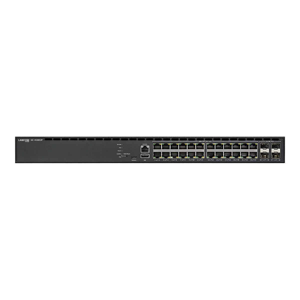 Ein schwarzer LANCOM-Switch mit mehreren Ports und der Bezeichnung GS-4530XUP.