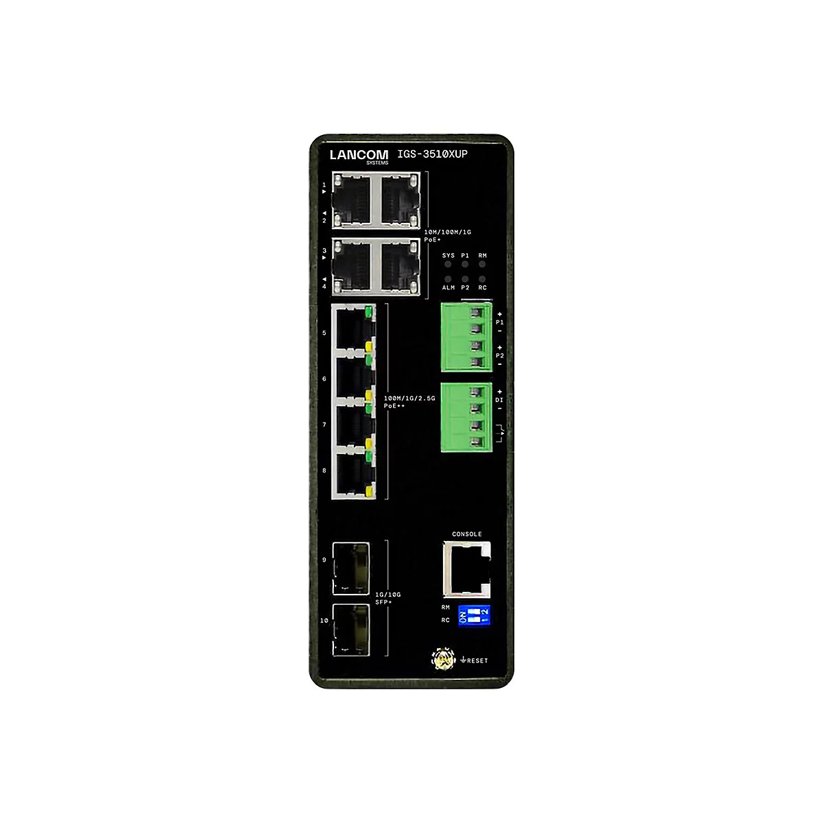 Appareil LANCOM IGS-3510XUP noir avec ports, étiquettes et indicateurs LED, sur fond blanc.