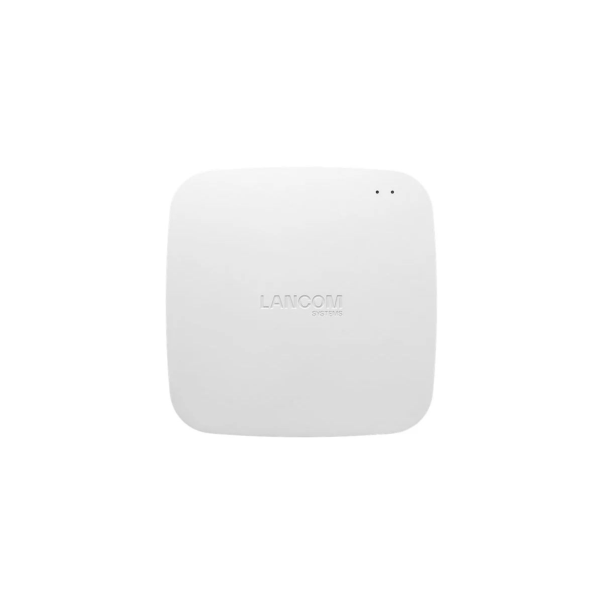 Point d'accès Wi-Fi blanc rectangulaire avec l'inscription "LANCOM SYSTEMS". Deux petits points noirs en haut.