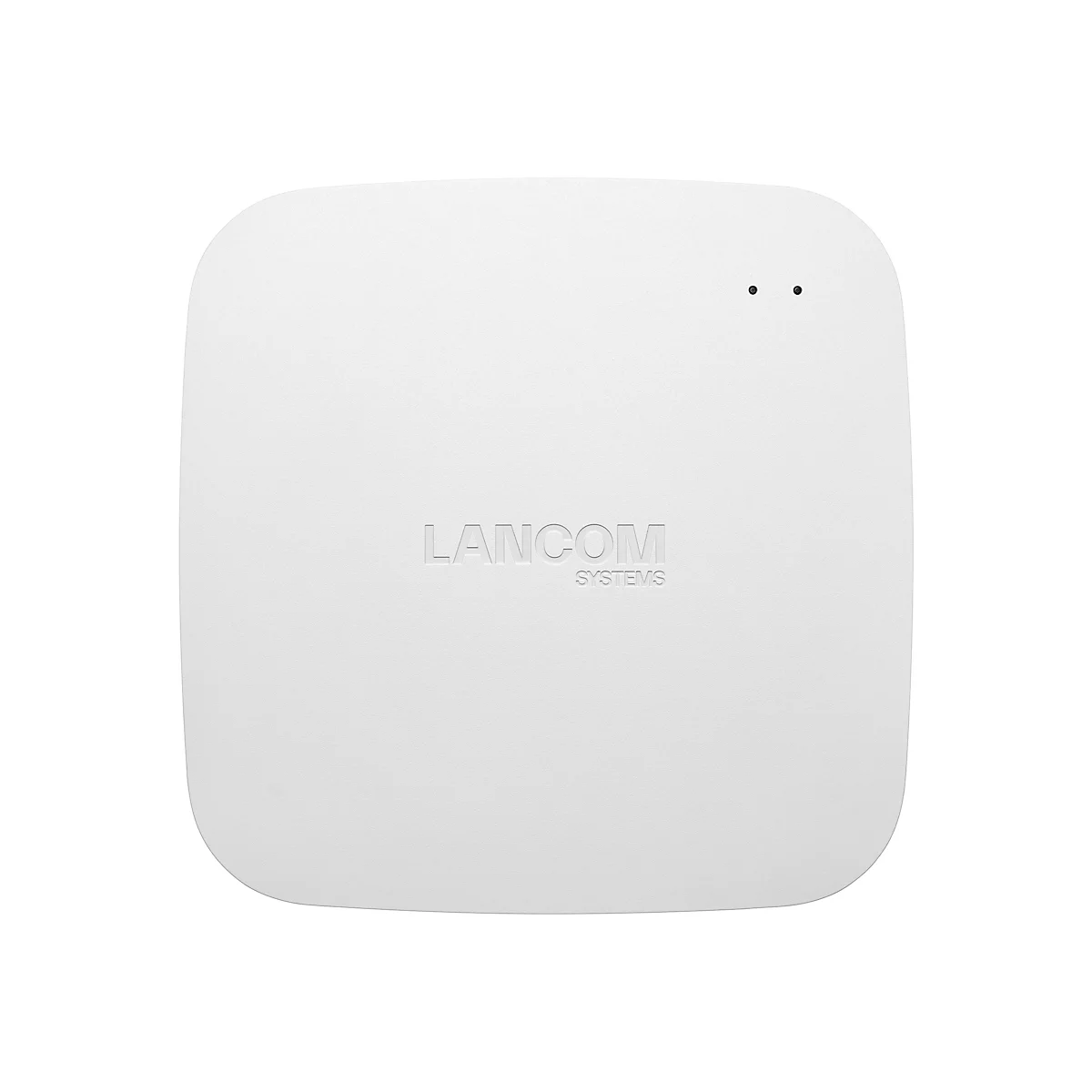Rechteckiger, weißer WLAN-Router mit abgerundeten Ecken. Der Schriftzug „LANCOM SYSTEMS“ ist auf dem Gerät eingeprägt. Zwei kleine schwarze Punkte oben.