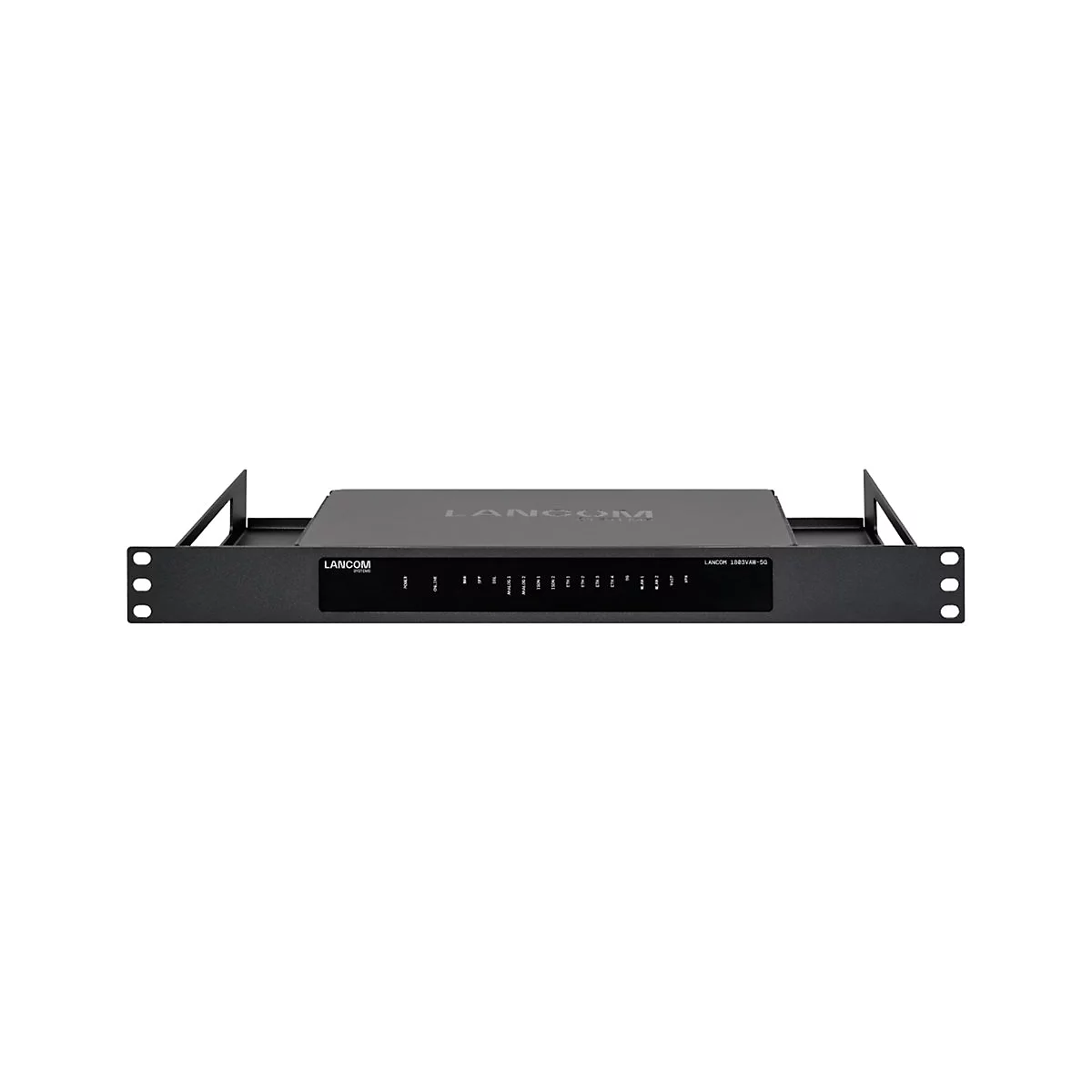 Routeur LANCOM noir dans un rack, vue de face. Logo LANCOM en haut, voyants lumineux et nom du modèle en bas.