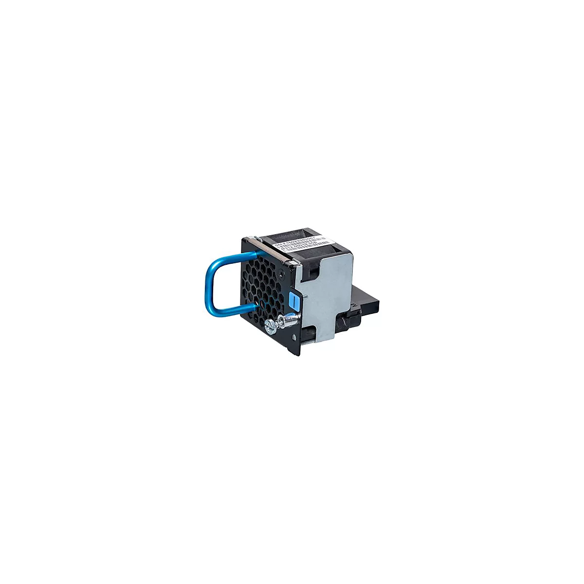 Ein Computerlüftermodul mit blauem Griff. Schwarzes Gitter, Metallgehäuse und Etikett.