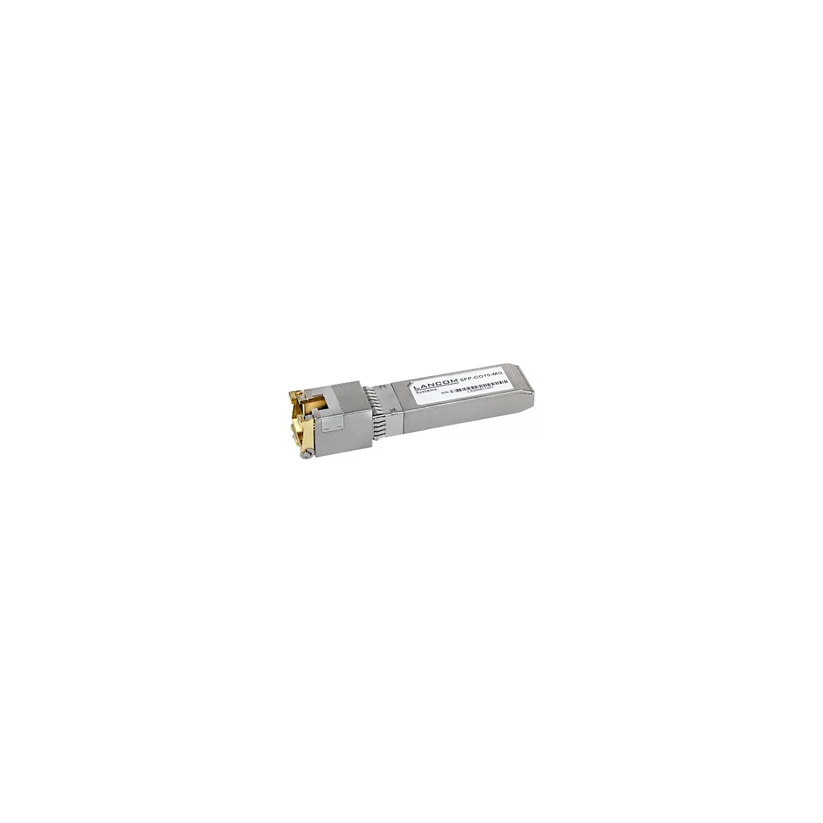 Ein silberner LANCOM SFP-CO10-MG-Transceiver. Beschriftet mit LANCOM Systems, Barcode und Seriennummer.