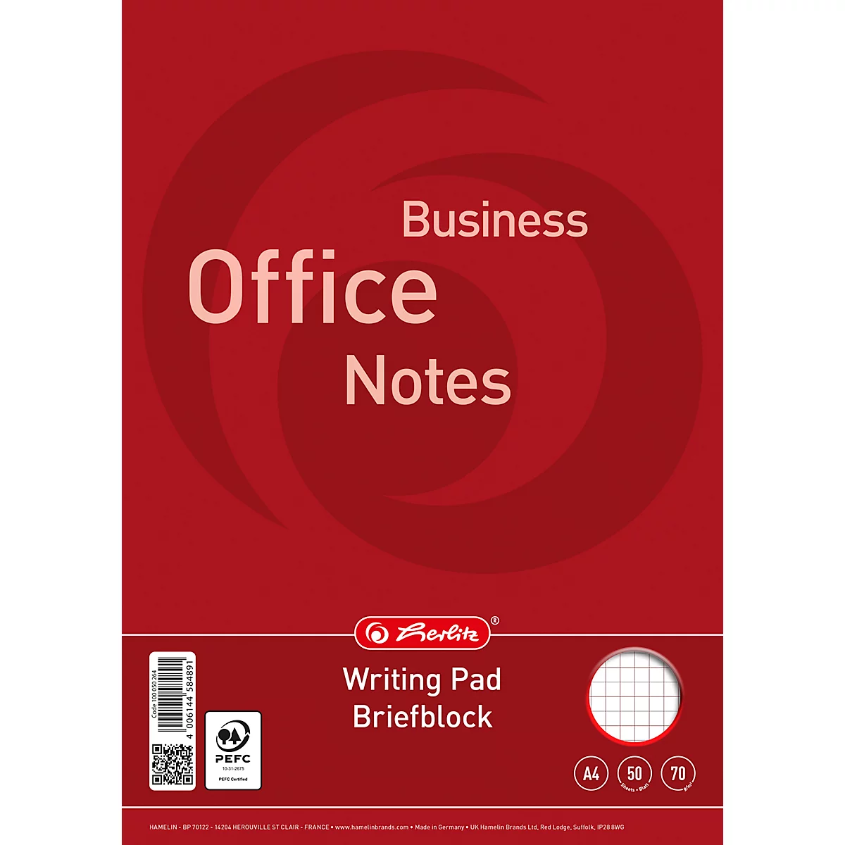 Rood schrijfblok van Herlitz met de tekst Business Office Notes en een ruitpatroon uitsnede.