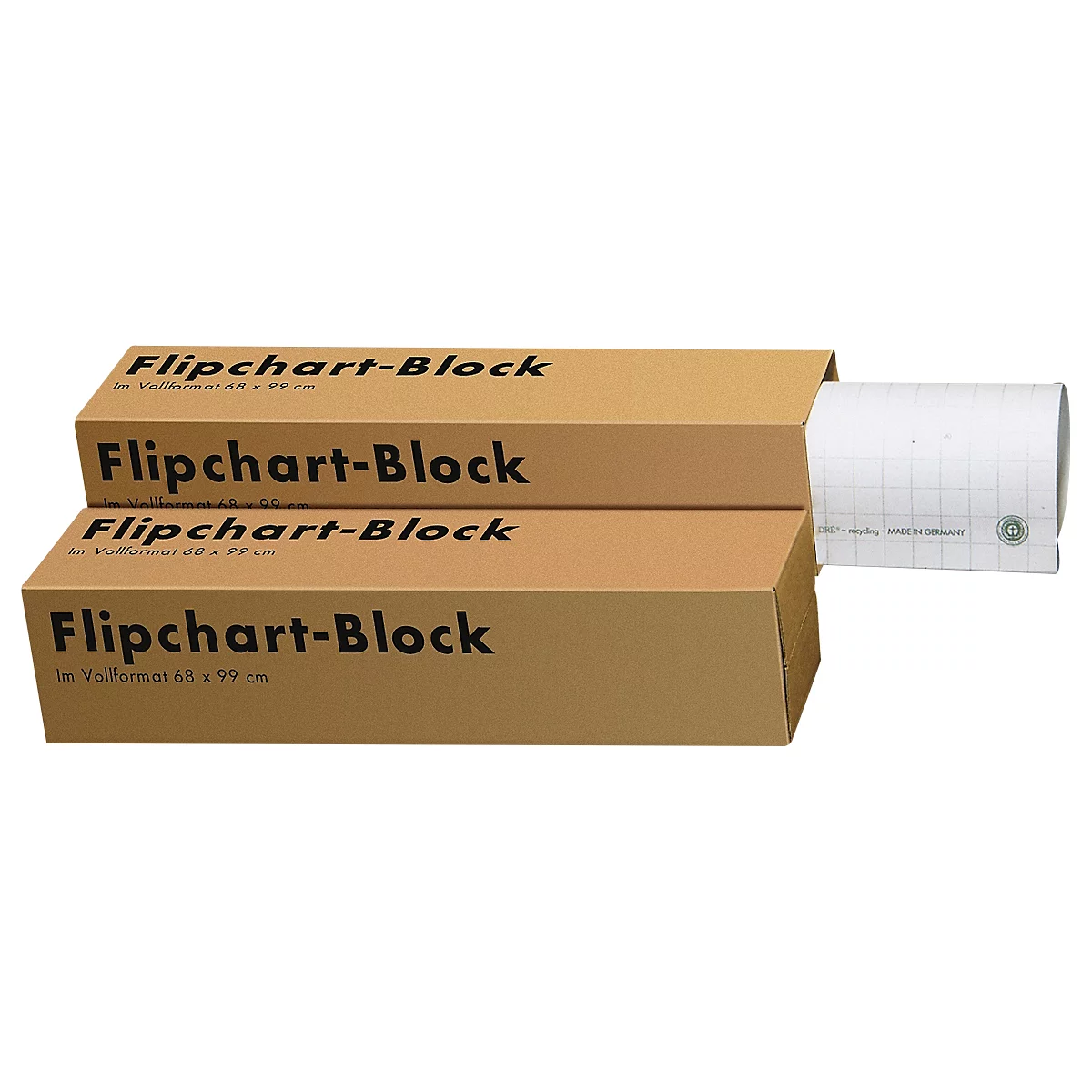 Three flipchart blocks in brown boxes. One block is partially open, showing the paper.