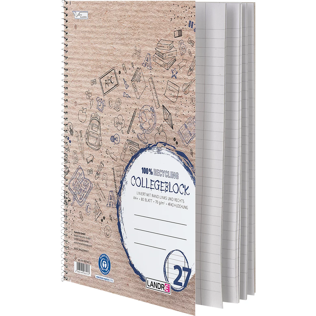 LANDRÉ gerecycled notitieboek, 80 vel, DIN A4+, 70 g/m², 4-gaats perforatie, spiraalbinding, OPTIK PAPER®, ruling 27, blauw