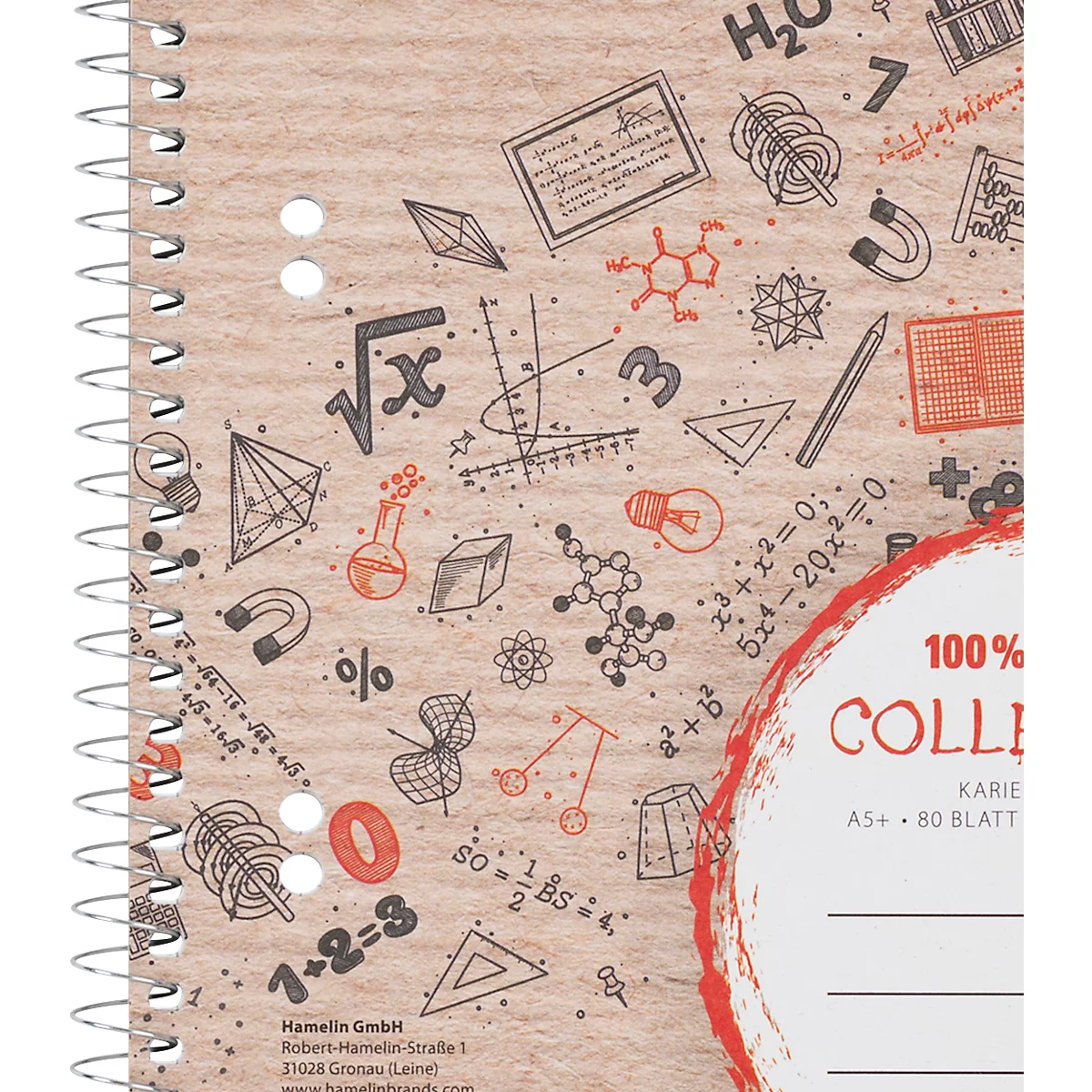 LANDRÉ gerecycled notitieboek, 80 vel, DIN A5+, 70 g/m², 6 gaten, spiraalbinding, OPTIK PAPER®, vierkant, linkermarge, veelkleurig