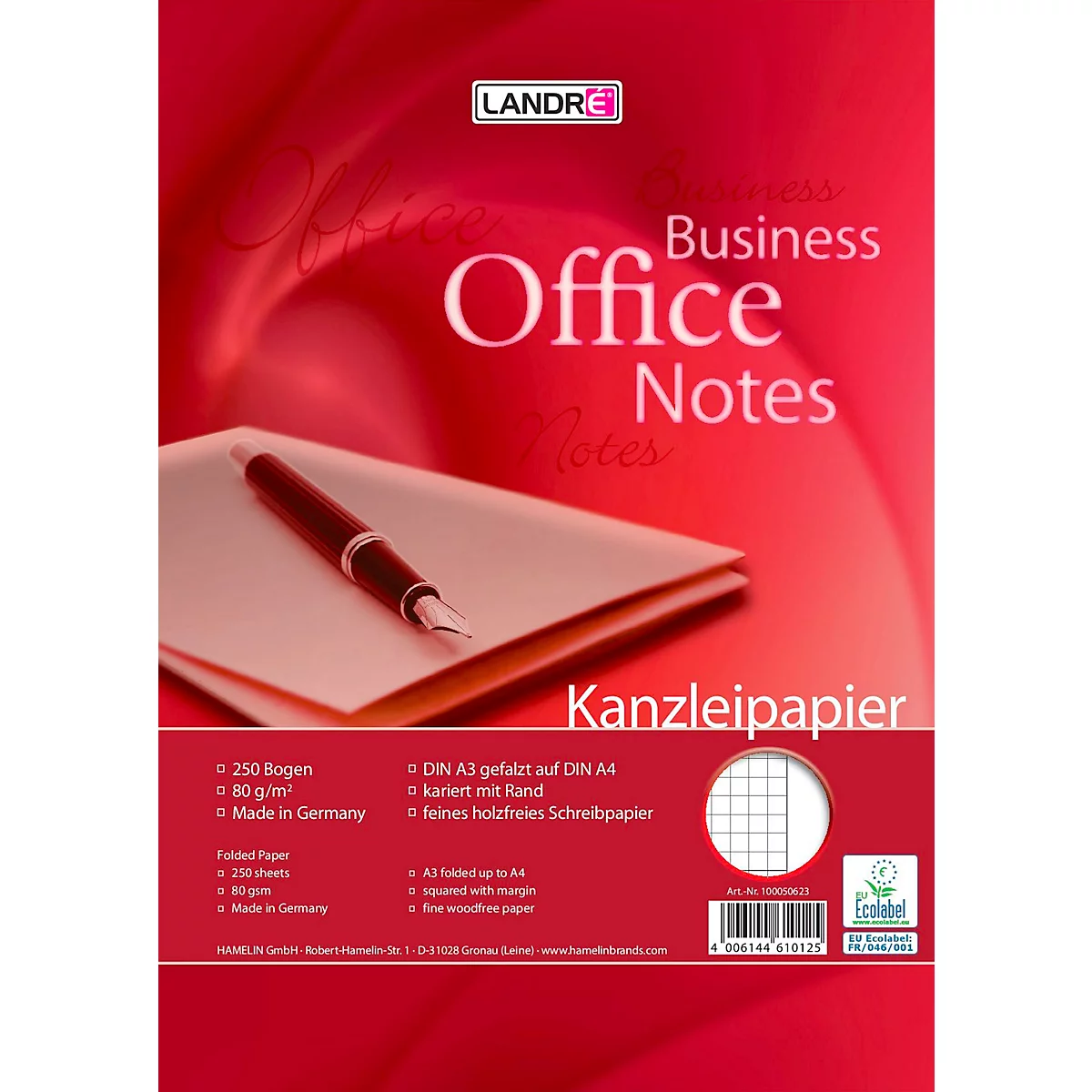 LANDRÉ Kanzleipapier Office, 250 Doppelbögen, DIN A3/A4 gefalzt, 80 g/m², kariert, mit Rand, rot