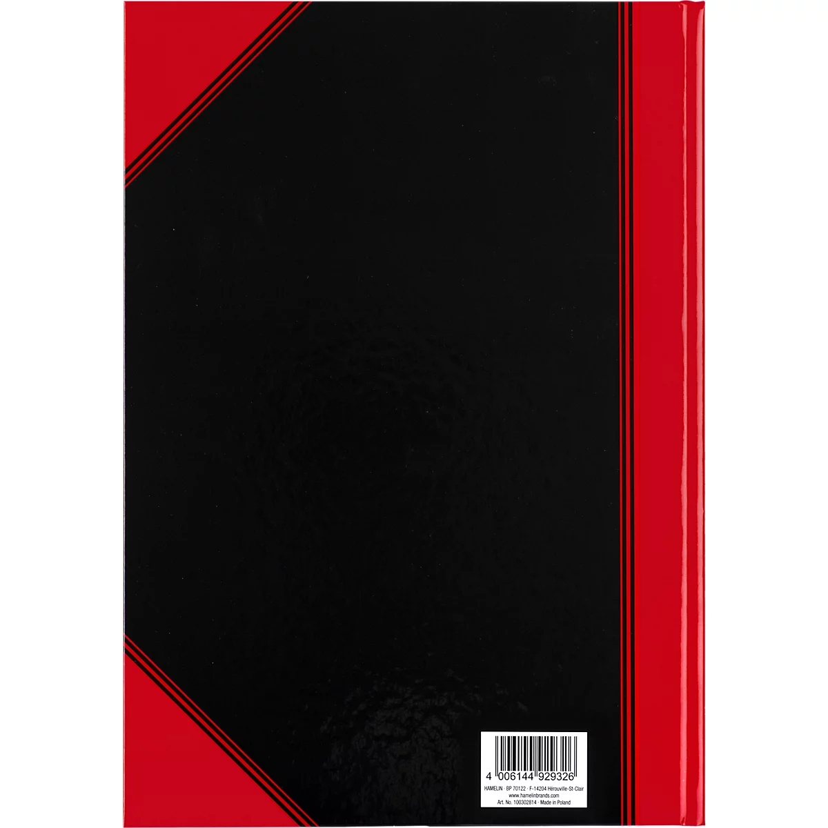 Book spine with black cover, red border and barcode.