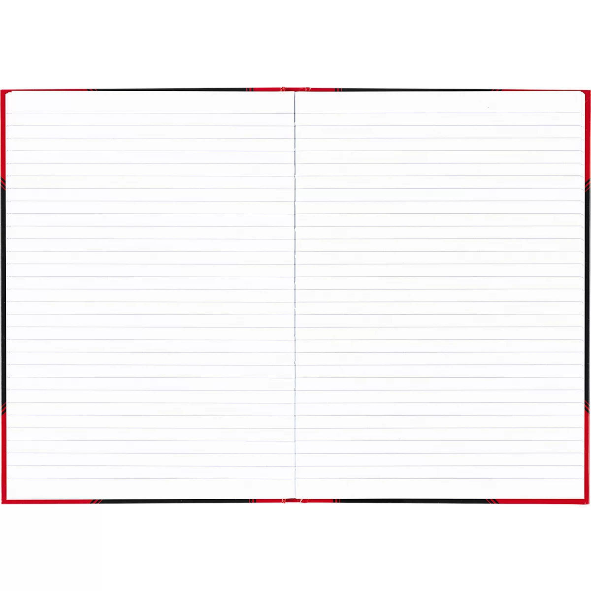 Open notebook with lined pages, red and black frame.