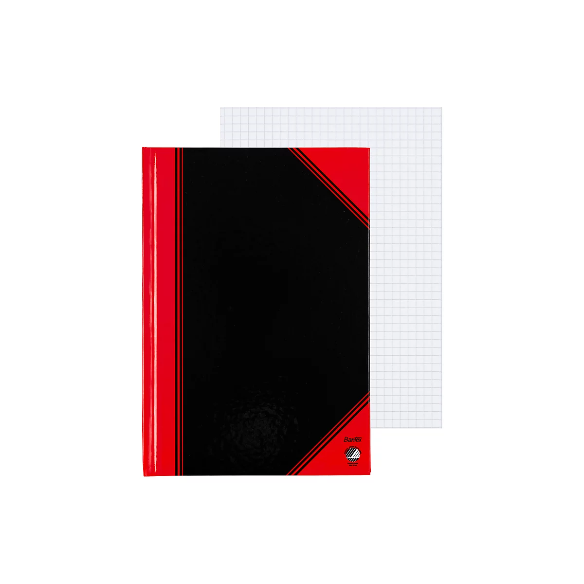 Black notebook with red cover and checkered paper, partially hidden. The book lies in front of a checkered page.