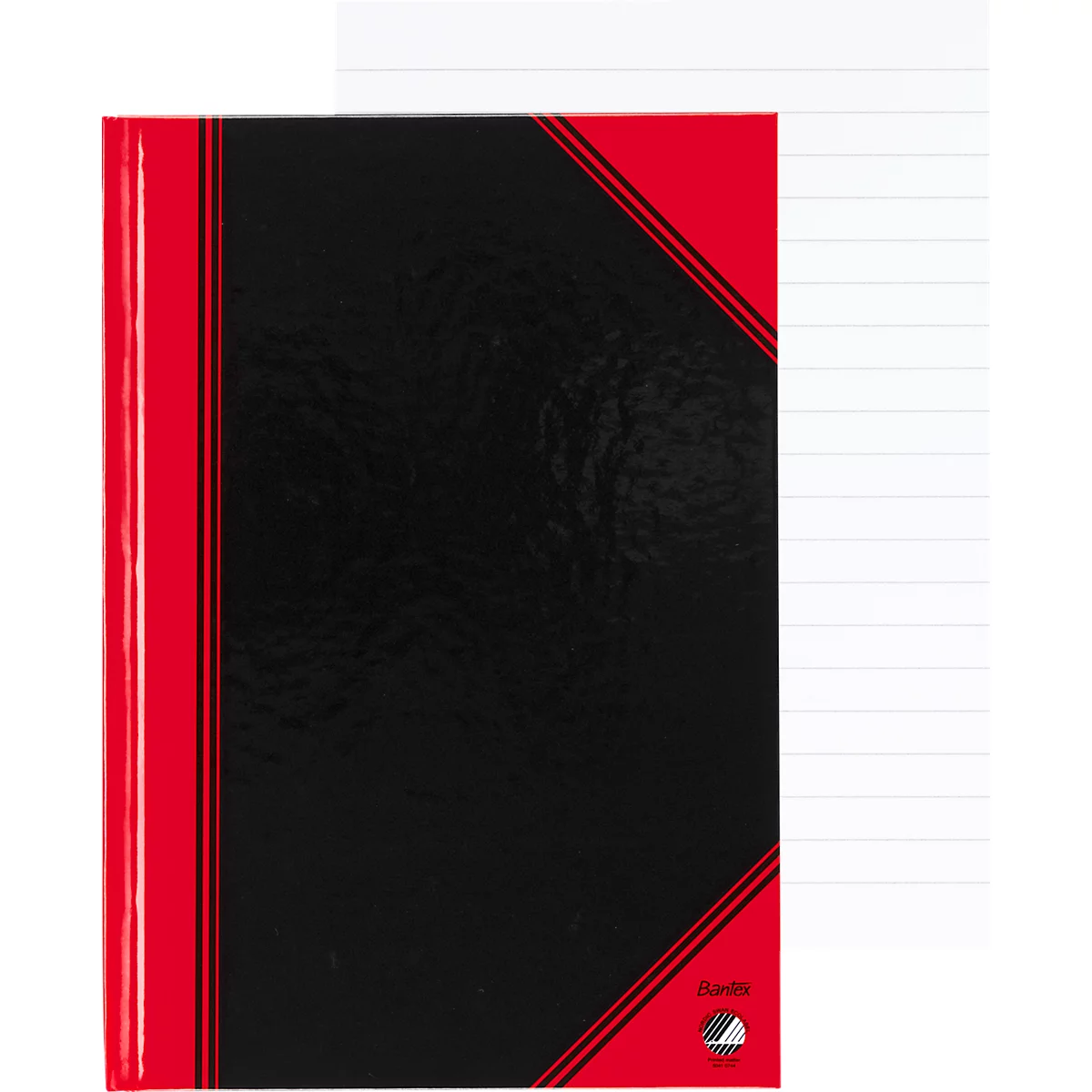 Black notebook with red binding. The pages are lined, the spine and corners are red.