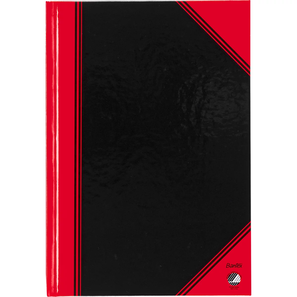 Black notebook with red border and diagonal corner, brand logo.