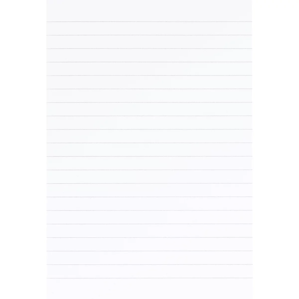 Close-up of a white notepad featuring pale horizontal lines. The pad is blank, ready for notes.