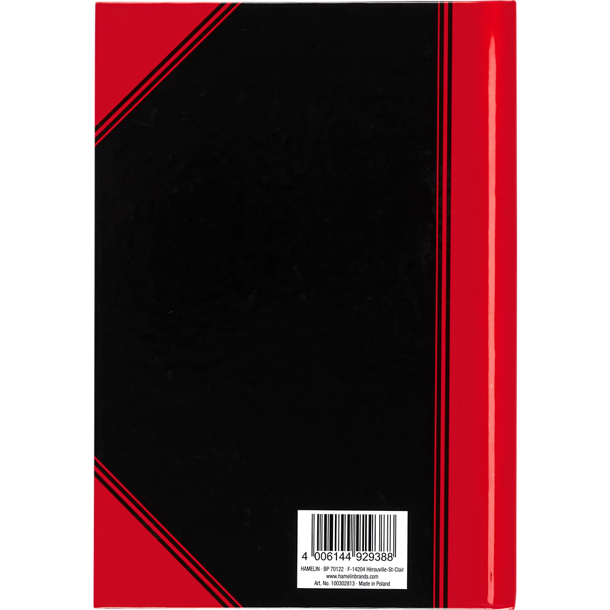 Black notebook with red spine, red border, and barcode.