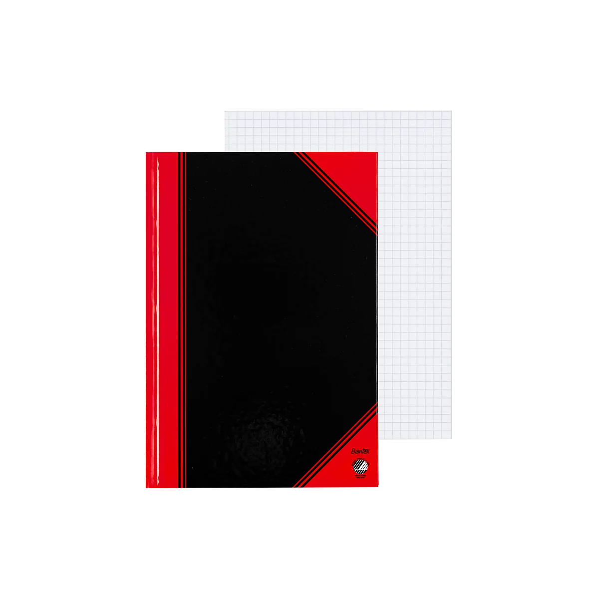 Black notebook with red border and checkered pages. The manufacturer's print is at the bottom right.