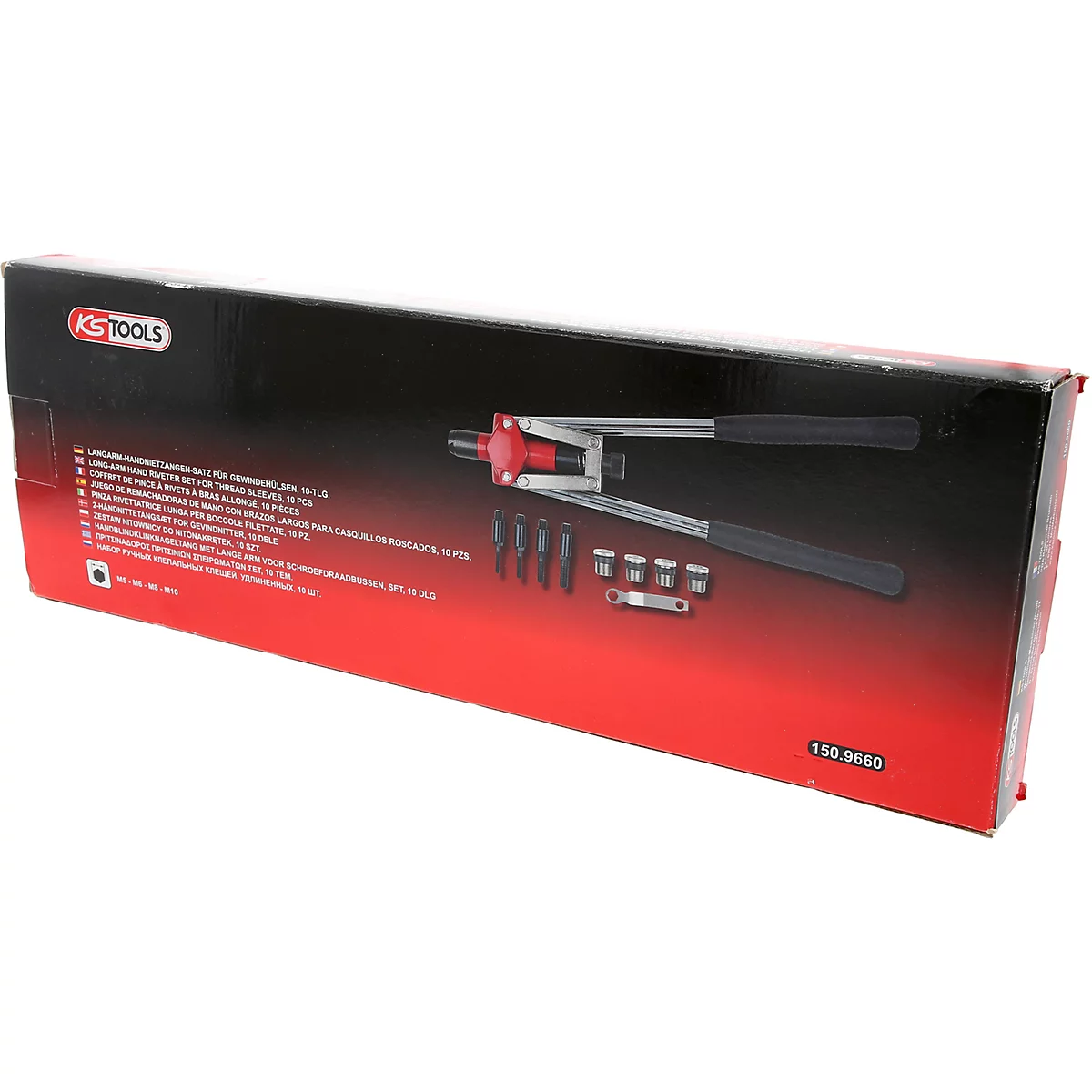 KS Tools Nietzange und Zubehör in roter Box, auf rotem Hintergrund.
