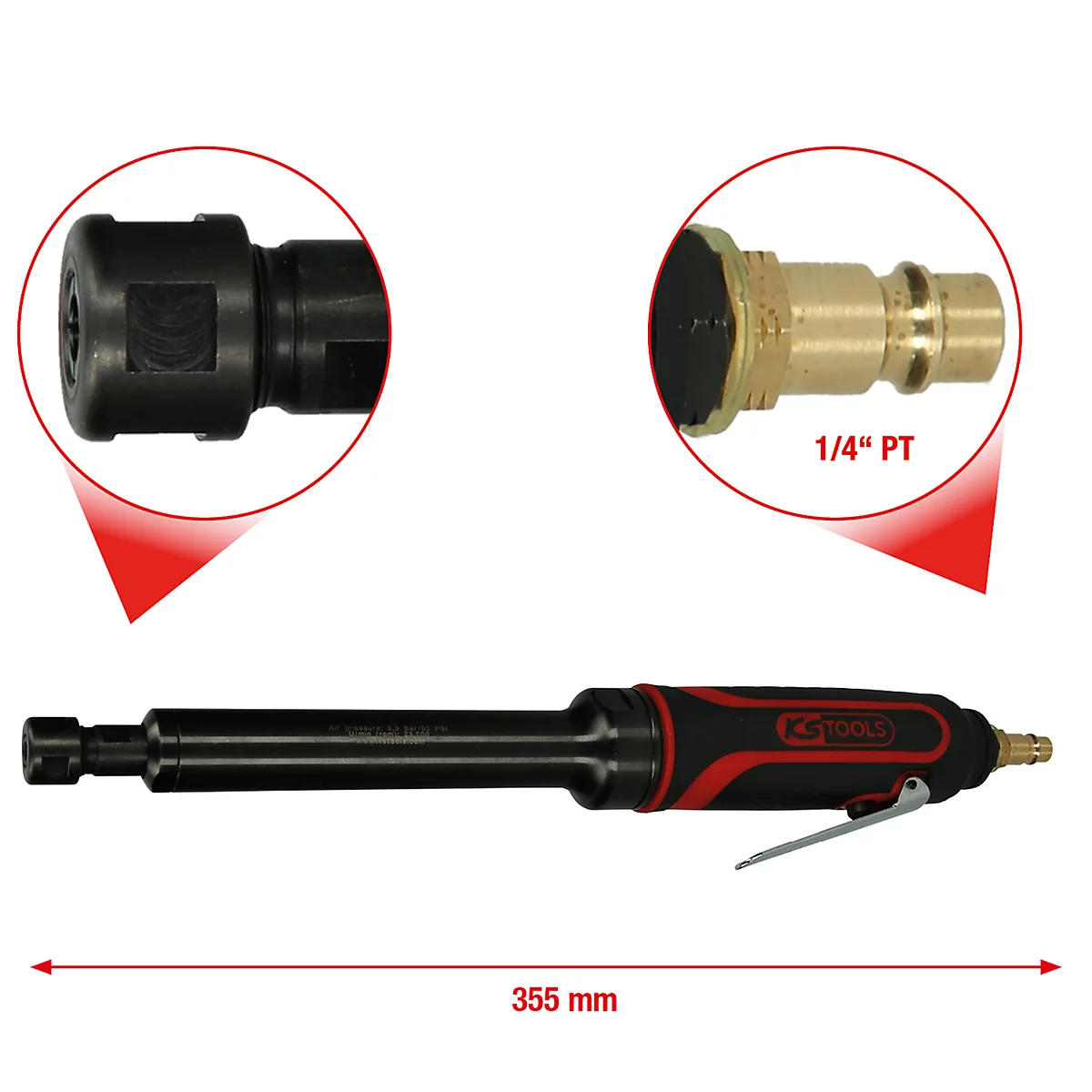 Schwarz-roter Druckluftschleifer, mit Detailansichten der Anschlüsse und Maßangabe 355 mm.