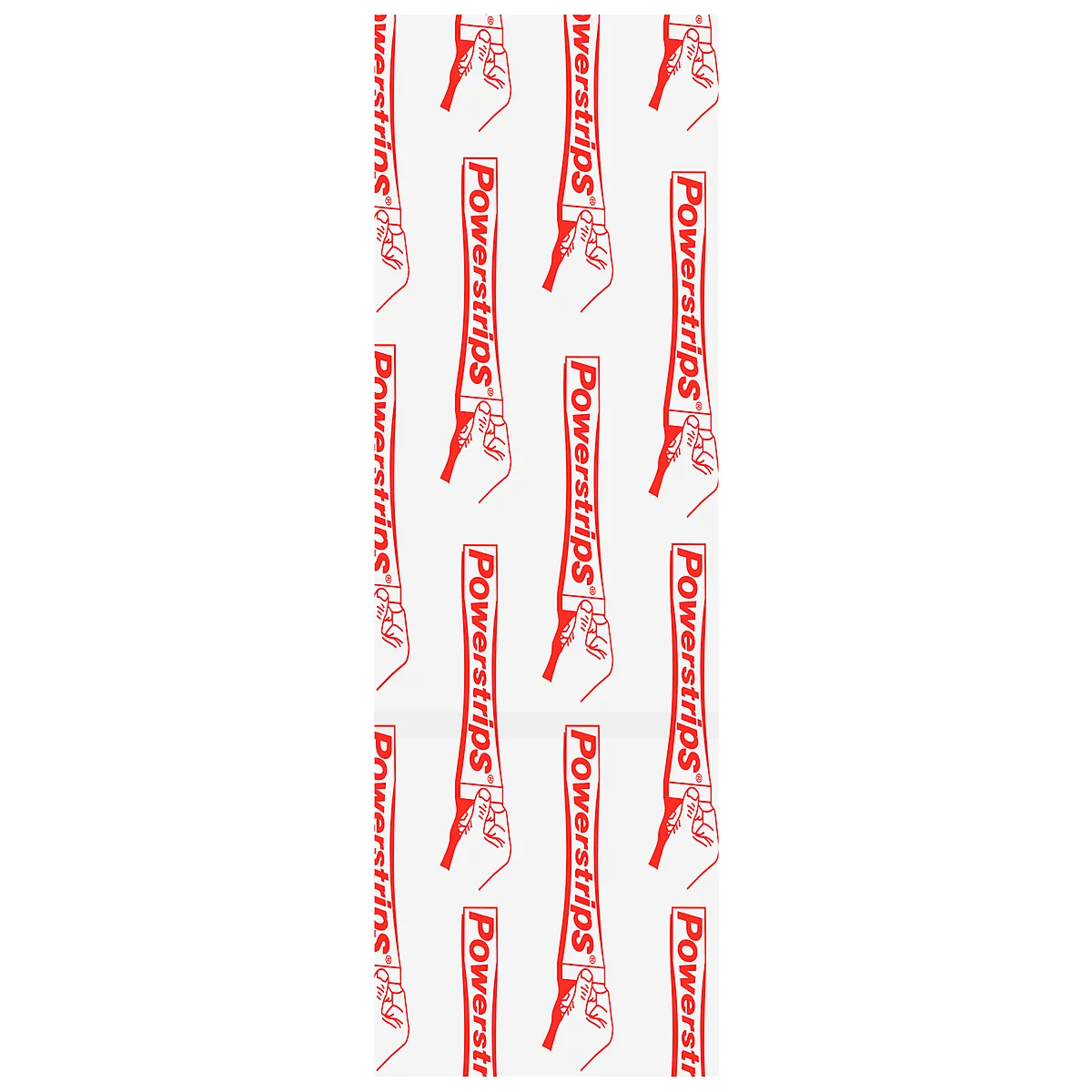 Motif de bandes adhésives rouges sur fond blanc, avec des mains les tenant.