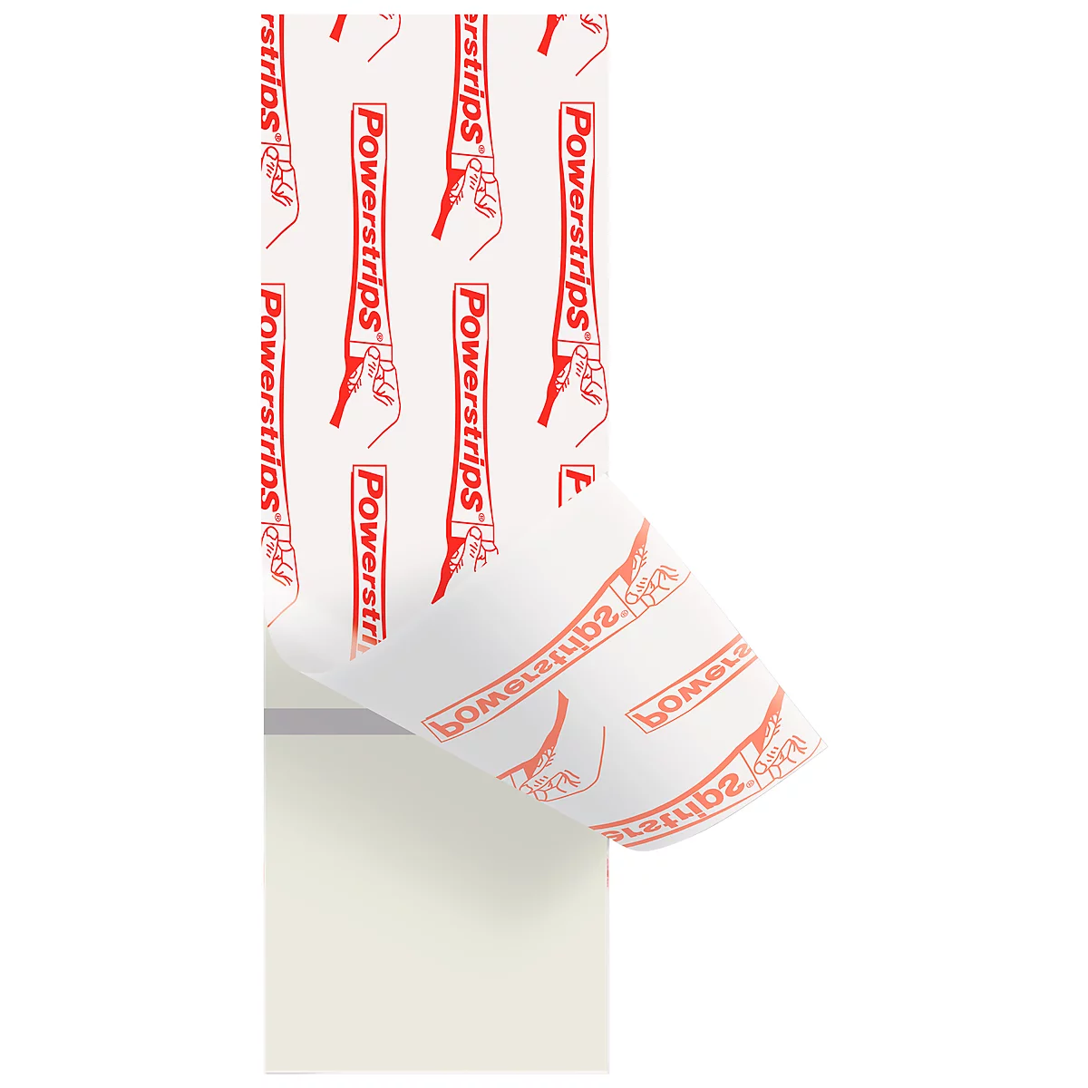 Gros plan sur une bande adhésive blanche avec lettrage rouge et logo "Powerstrips"; une partie est décollée.
