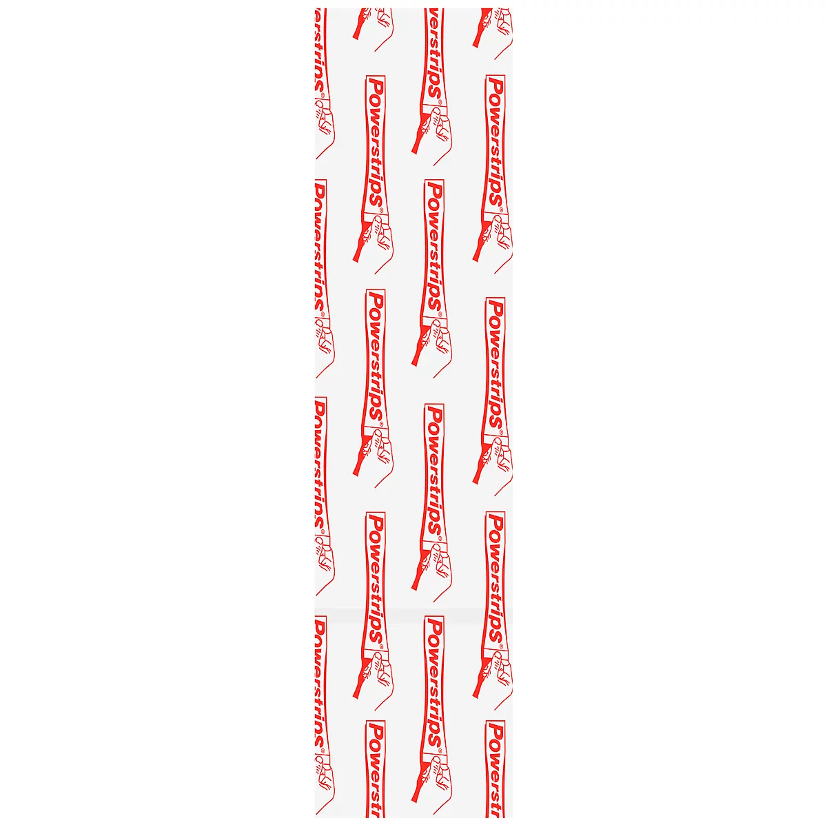 Motif de Powerstrips. Lettrage rouge sur fond blanc.