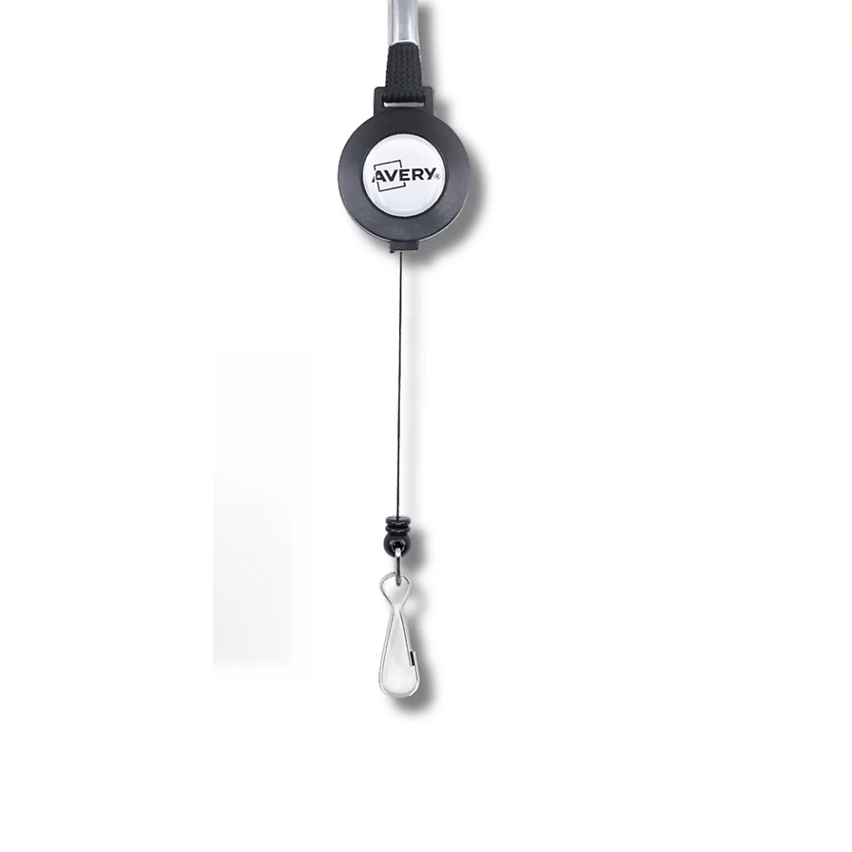 Enrouleur de badge Avery avec mécanisme rétractable et cordon de 60 cm.