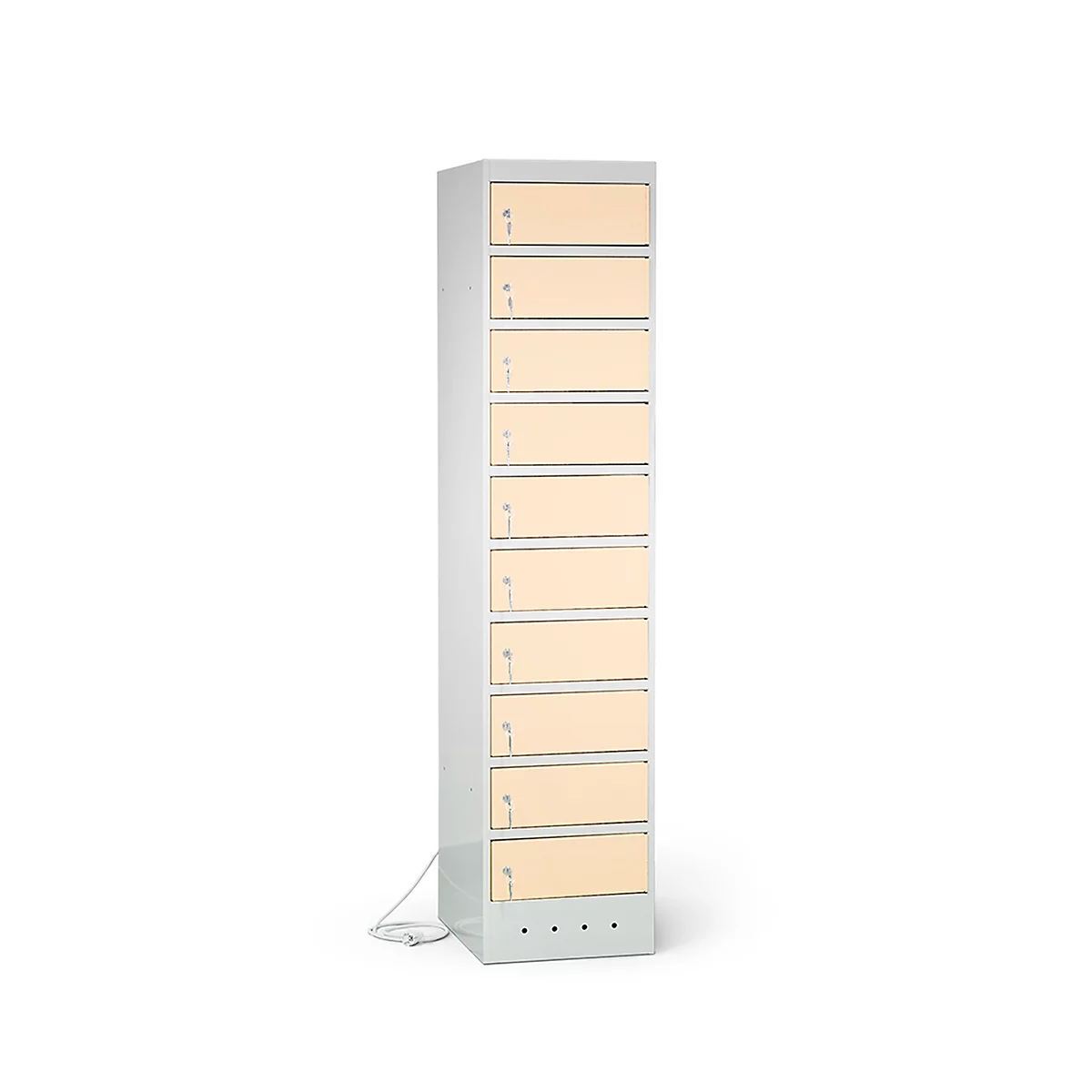 Grey cabinet with ten compartments, beige doors and keys. Cable on the floor.