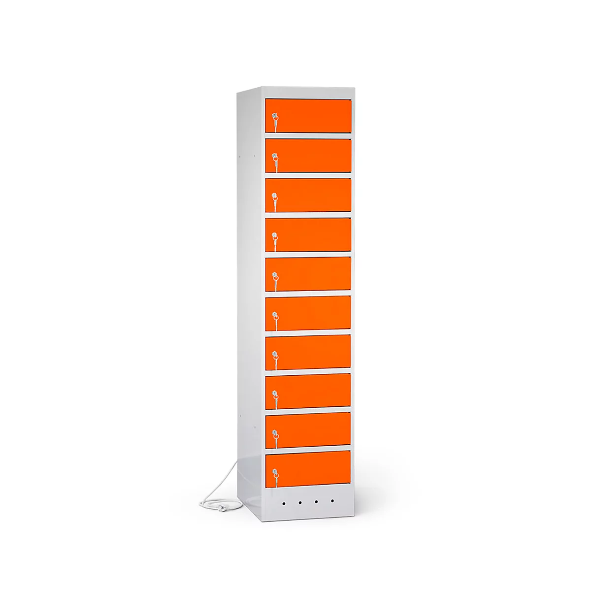 Cabinet with orange compartments and white casing, power cable.