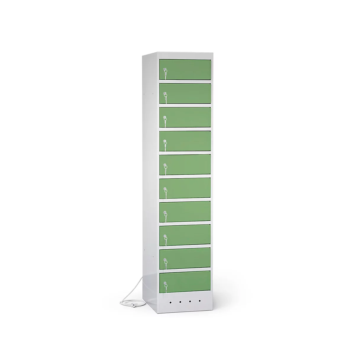 A tall white cabinet module with green doors. A white pictogram is depicted on each door.