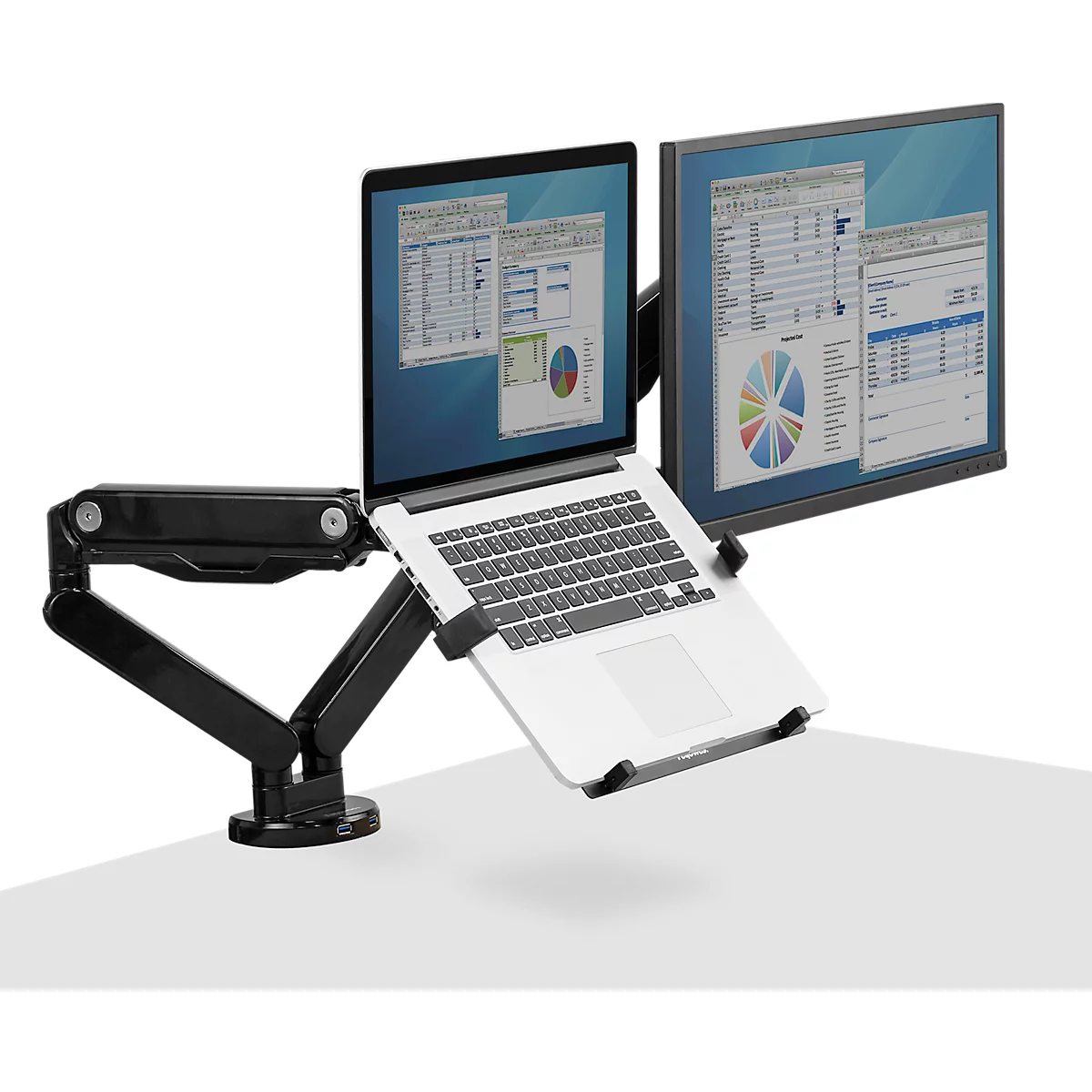 Schwarzer Monitorarm für Laptop und Monitore, Laptop und Monitore mit Diagrammen auf weißem Tisch.