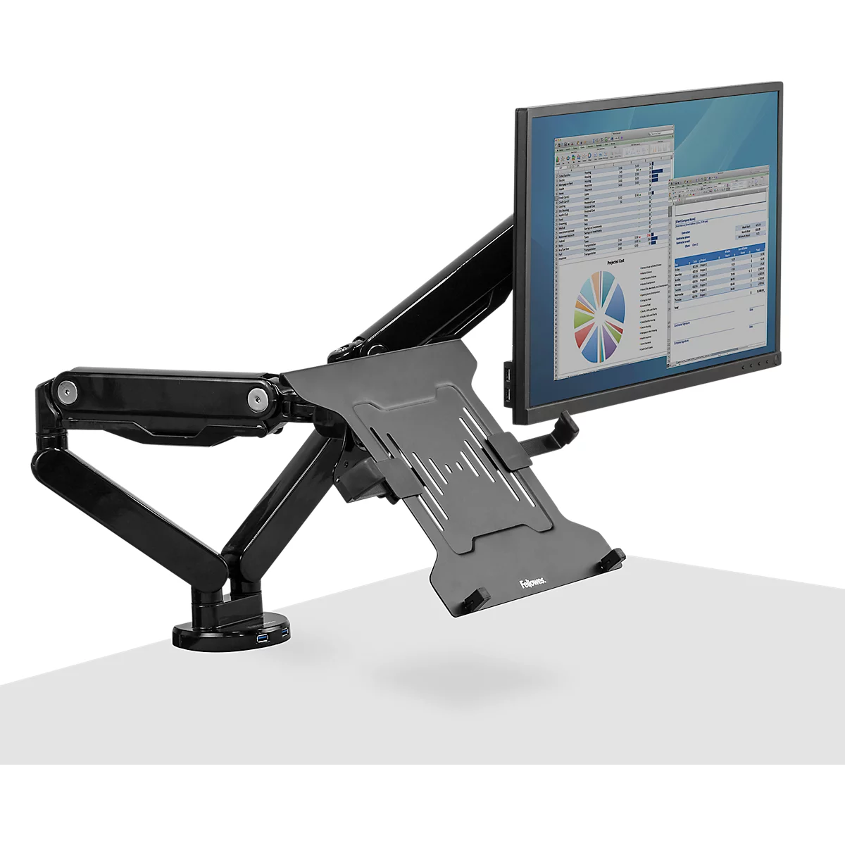 Schwarzer Monitorarm mit Monitor und Laptop-Halterung. Auf dem Monitor ist eine Tabelle abgebildet.