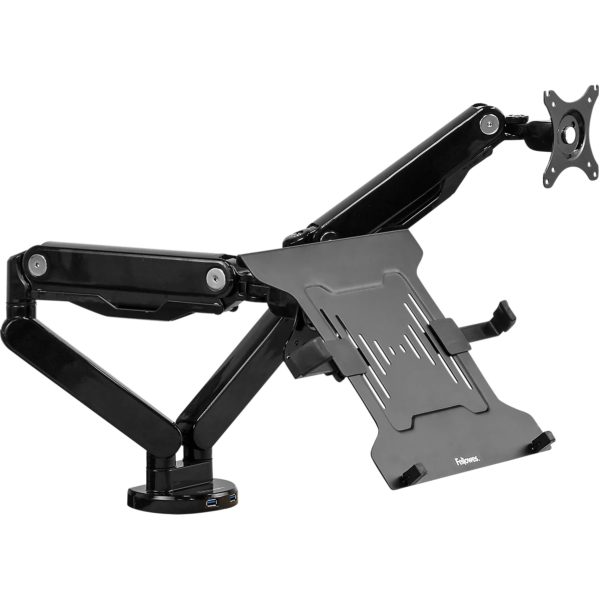 Schwarzer Monitor- und Tablet-Arm. Mehrere Gelenke und Halterungen für flexible Positionierung, ein Tablett wird gehalten.
