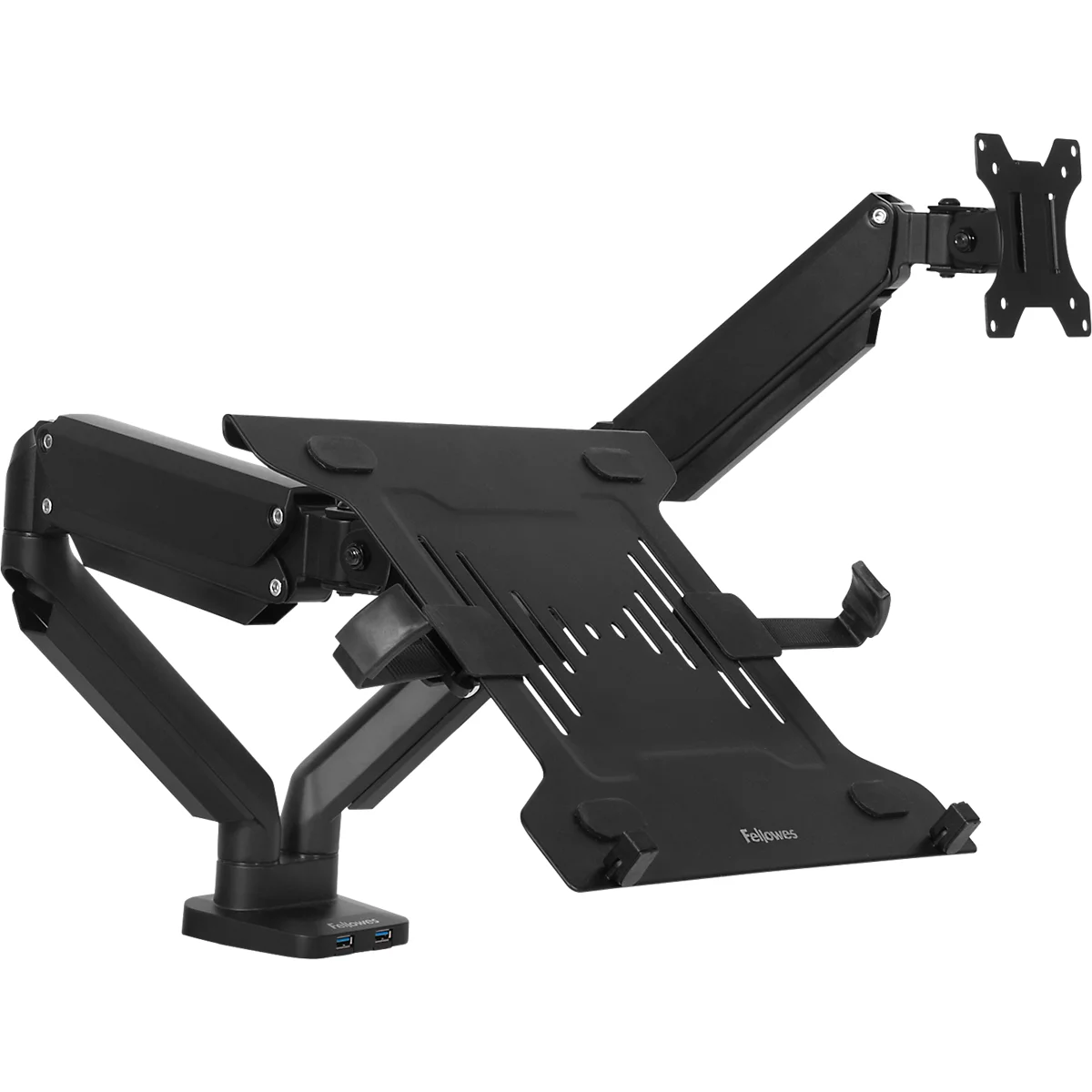 Schwarzer Monitor- und Laptop-Arm, der an einem weißen Hintergrund ausgestellt ist.