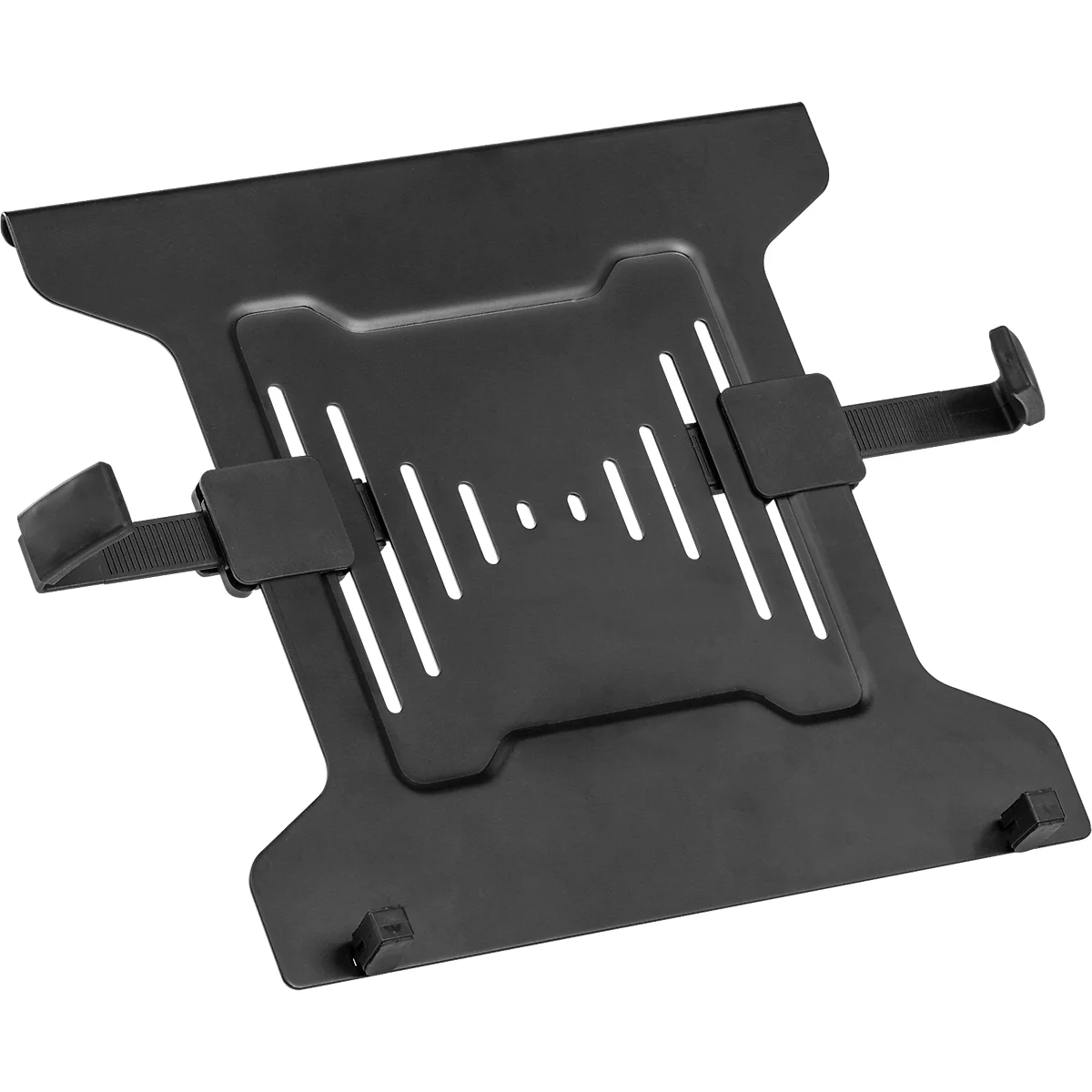 Schwarzer Laptop-Halter, mit Lüftungsschlitzen, und beweglichen Haltearmen.
