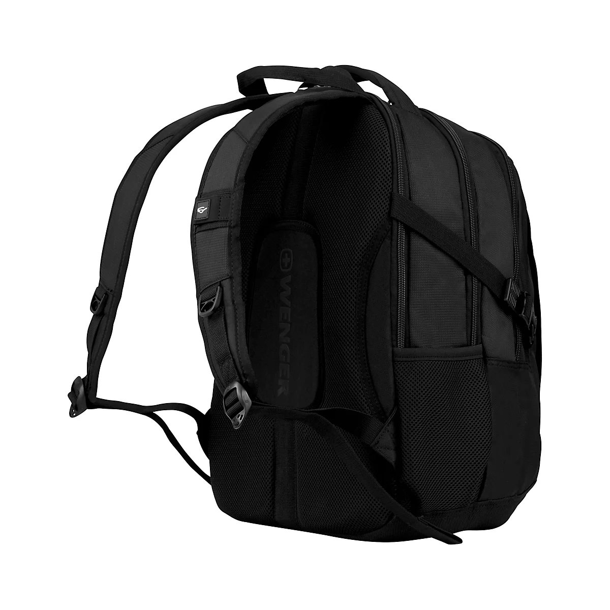 Schwarzer Rucksack im Profil. Marke Wenger. Schwarze Träger und mehrere Taschen.