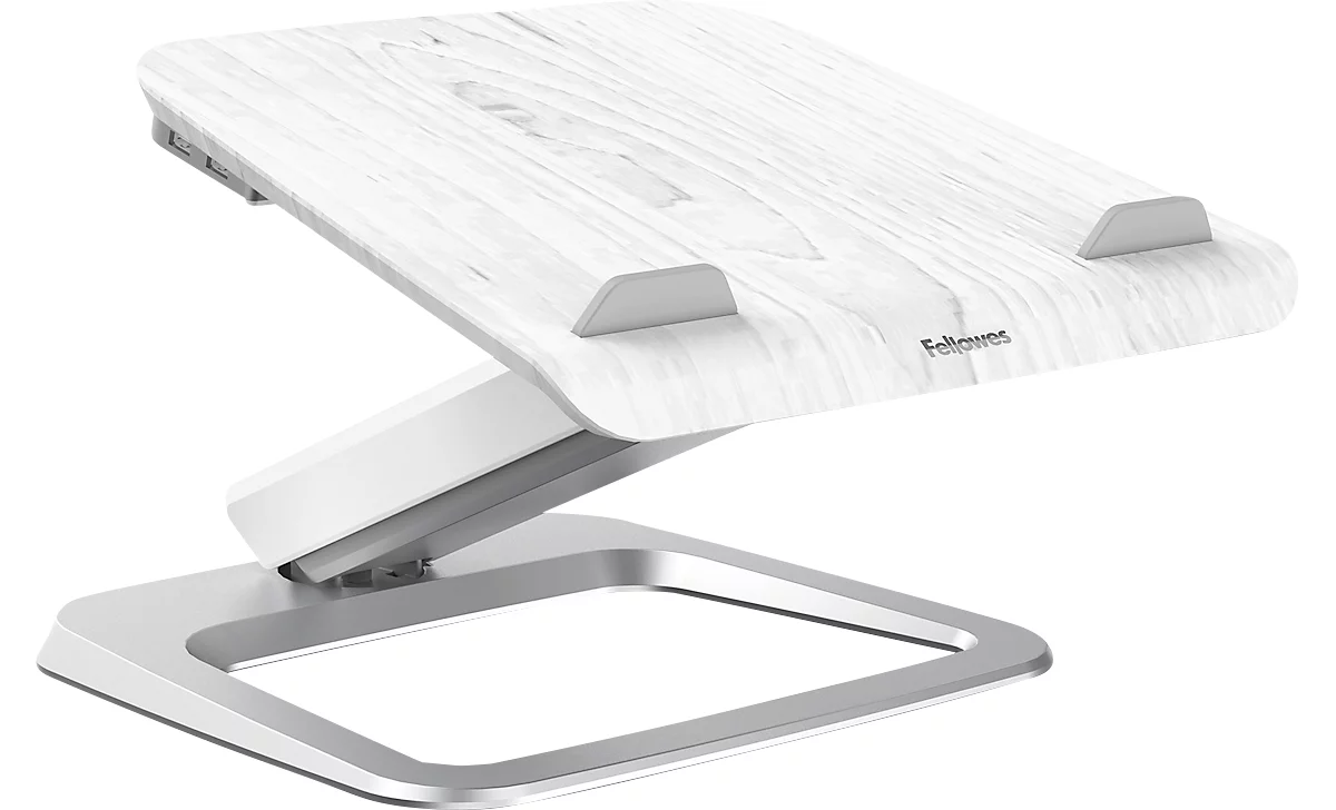 Laptop-Ständer Fellowes Hana™, bis 17 Zoll und 4,5 kg, winkel- und höhenverstellbar, 90° drehbar, USB-Anschlüsse, weiss