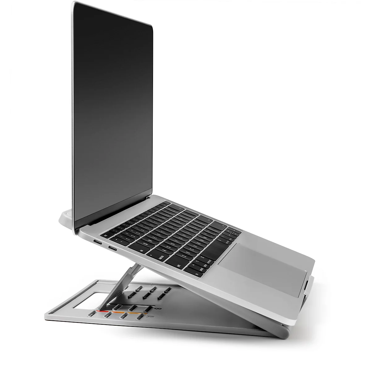 Grey laptop on a laptop stand. The screen is black.