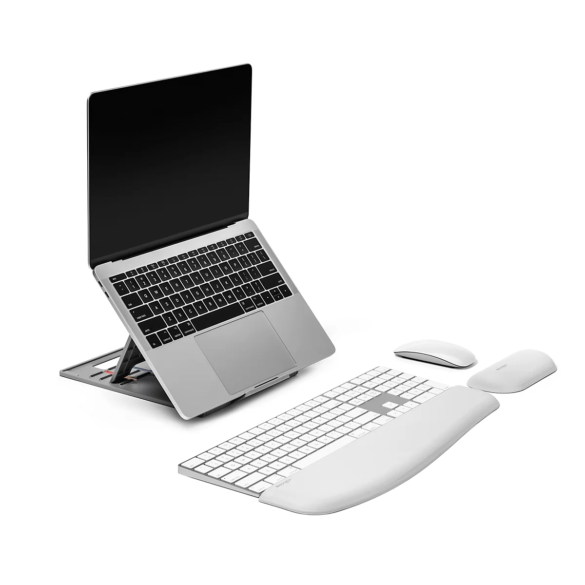 Laptop on stand, keyboard, mouse and wrist rest. White background.