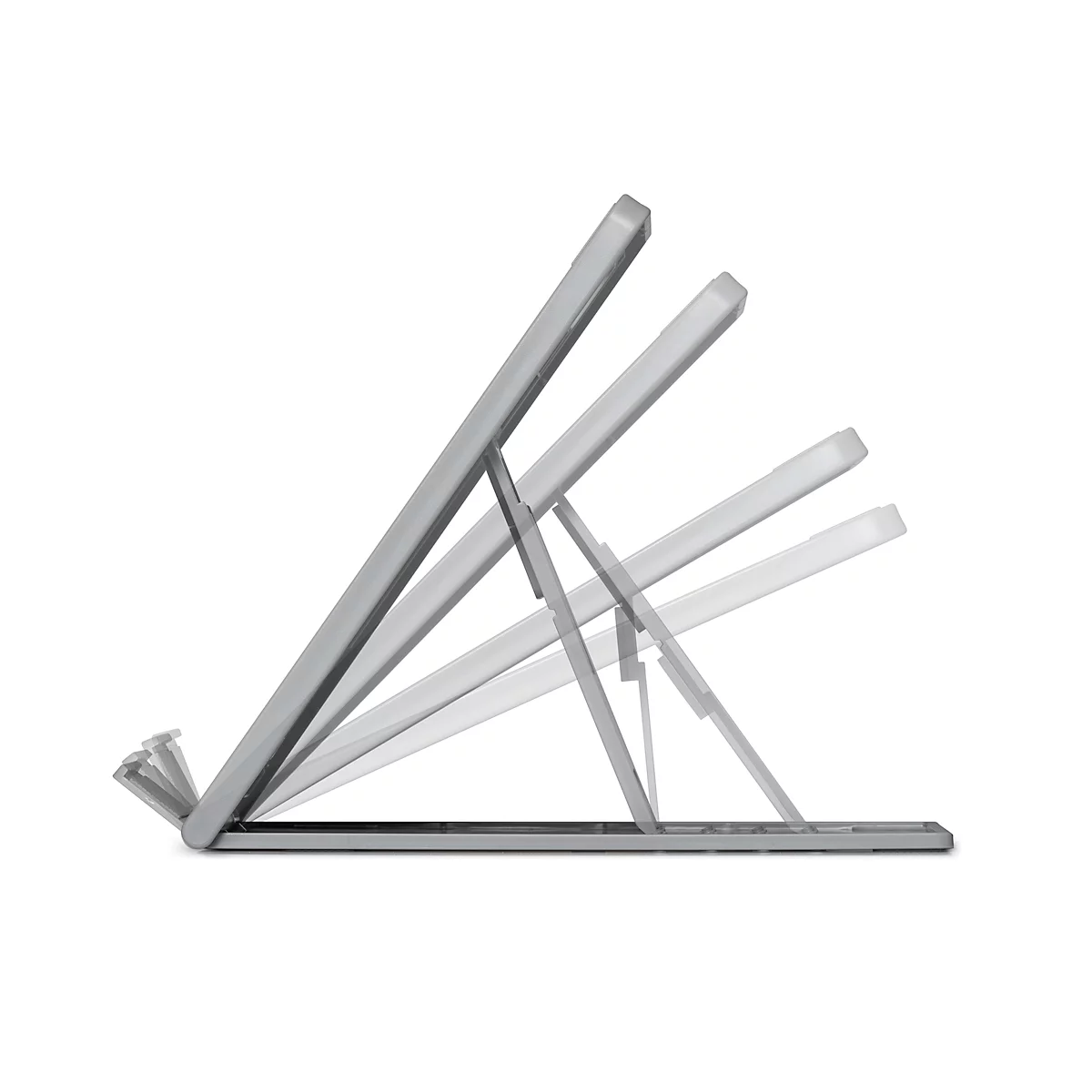 Silver tablet stand, adjustable in different angles of inclination.