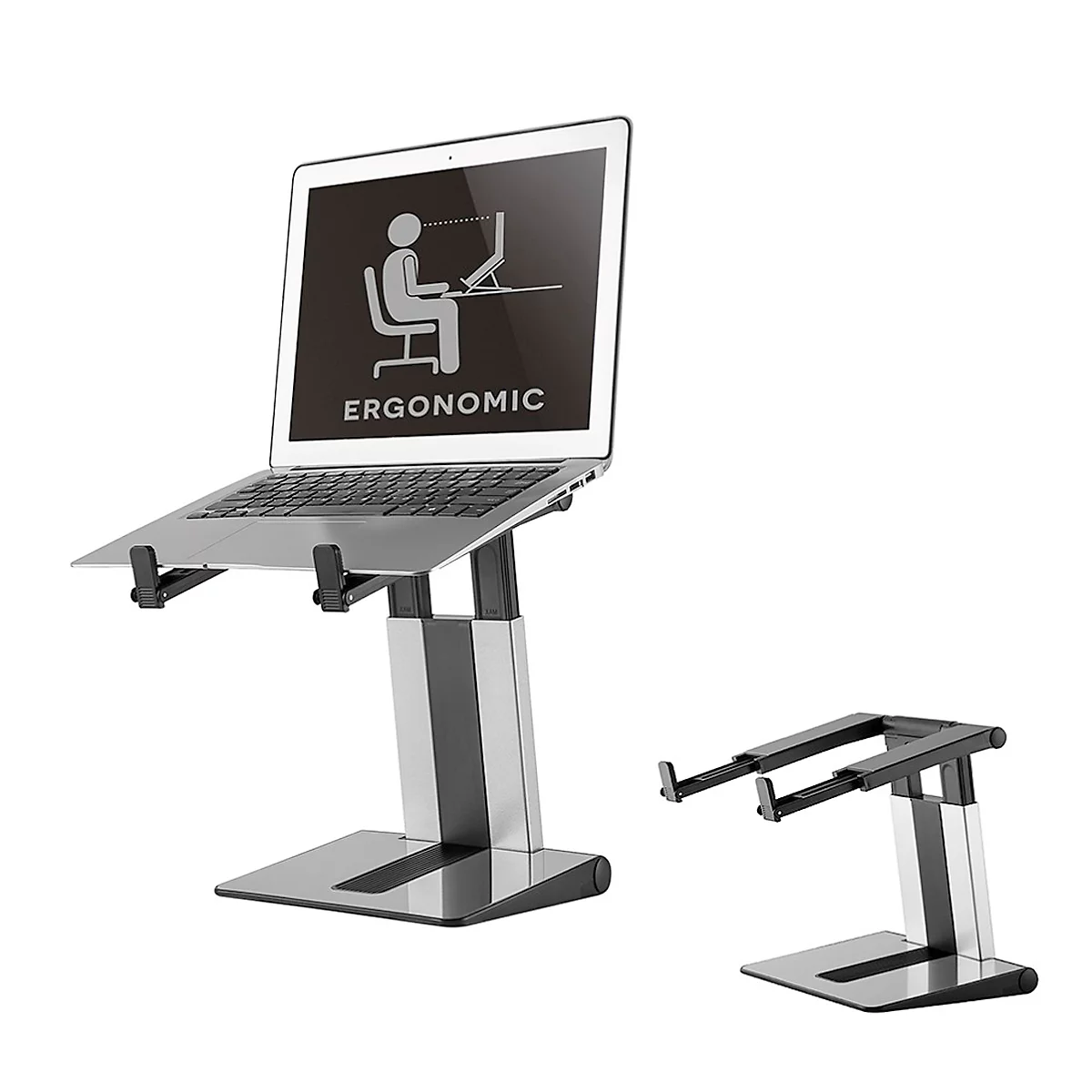 A laptop sits on a silver laptop stand with two parts. A logo with the word "ERGONOMIC" can be seen on the screen.