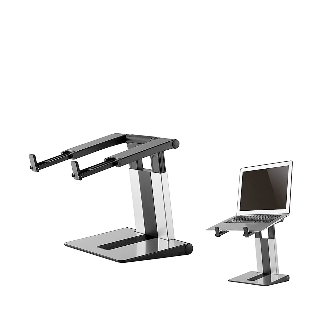 A metal laptop stand. Black, silver, adjustable height, with an open laptop.