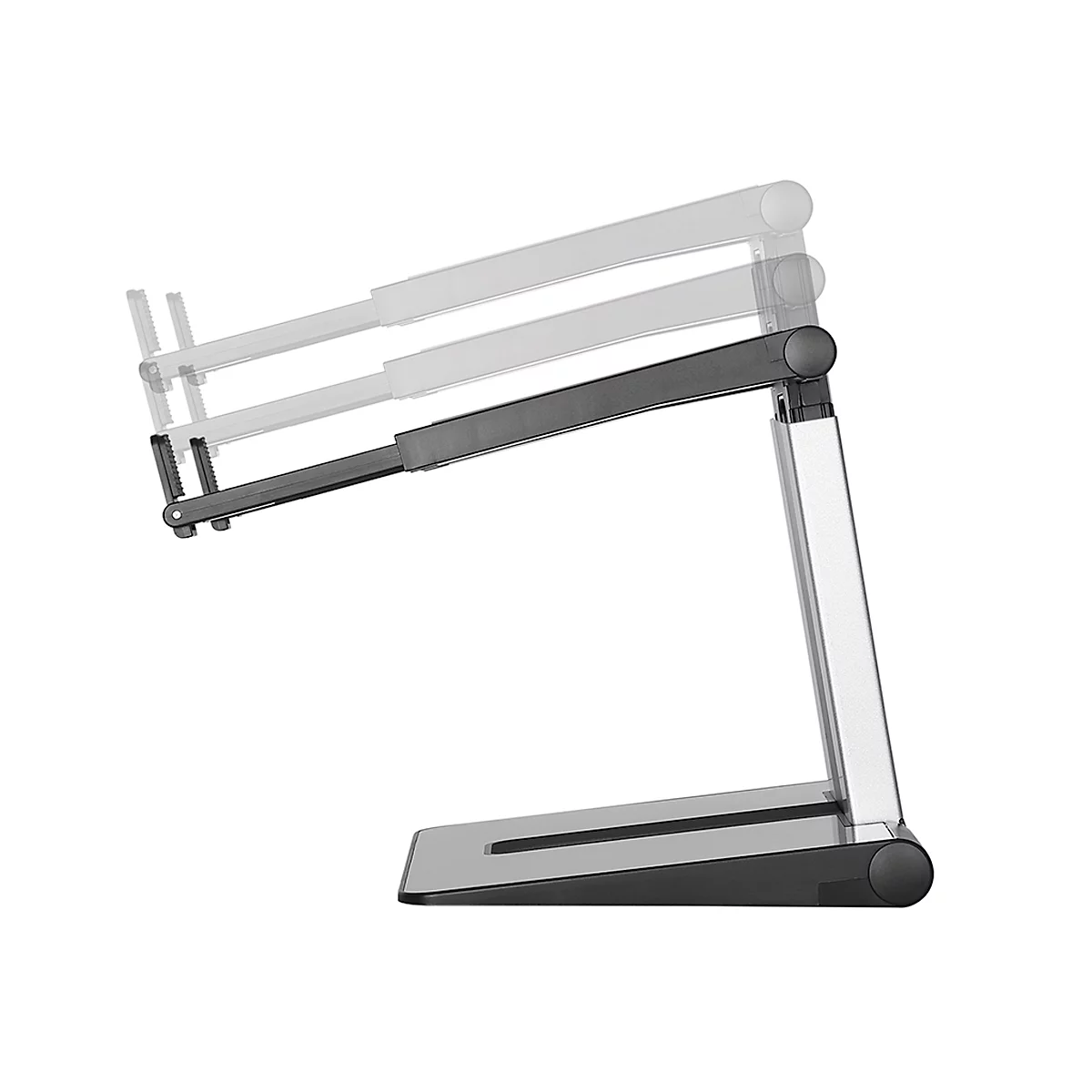 Black laptop stand with adjustable tilt, shown at different heights. On a white background.