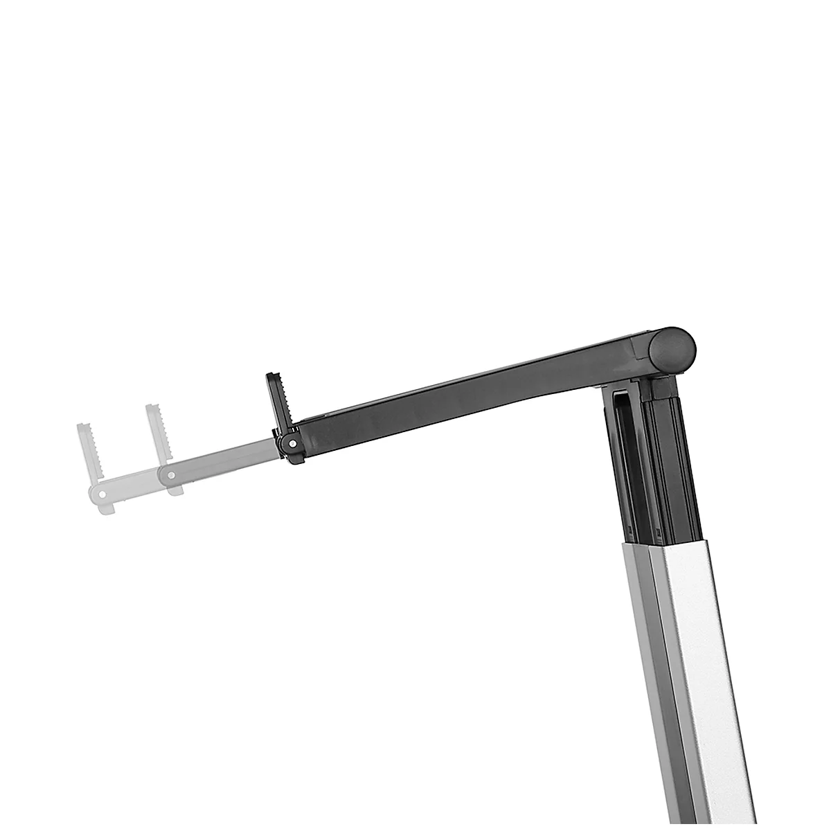 A black adjustable arm, attached to a silver base, juts out from the image.